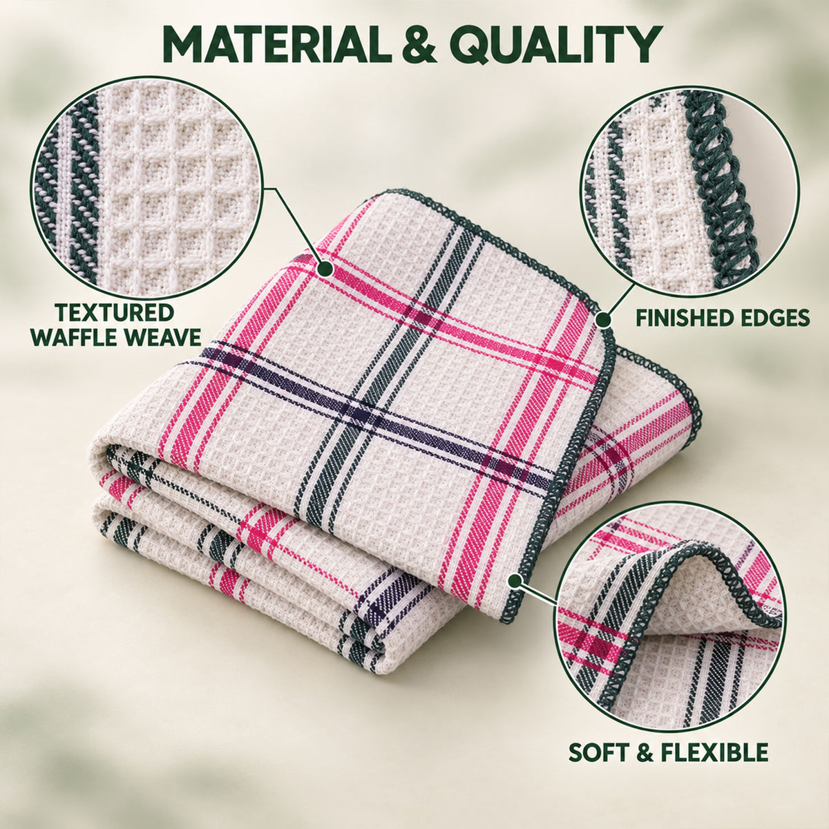 Textured waffle weave and finished edges of dish cloth