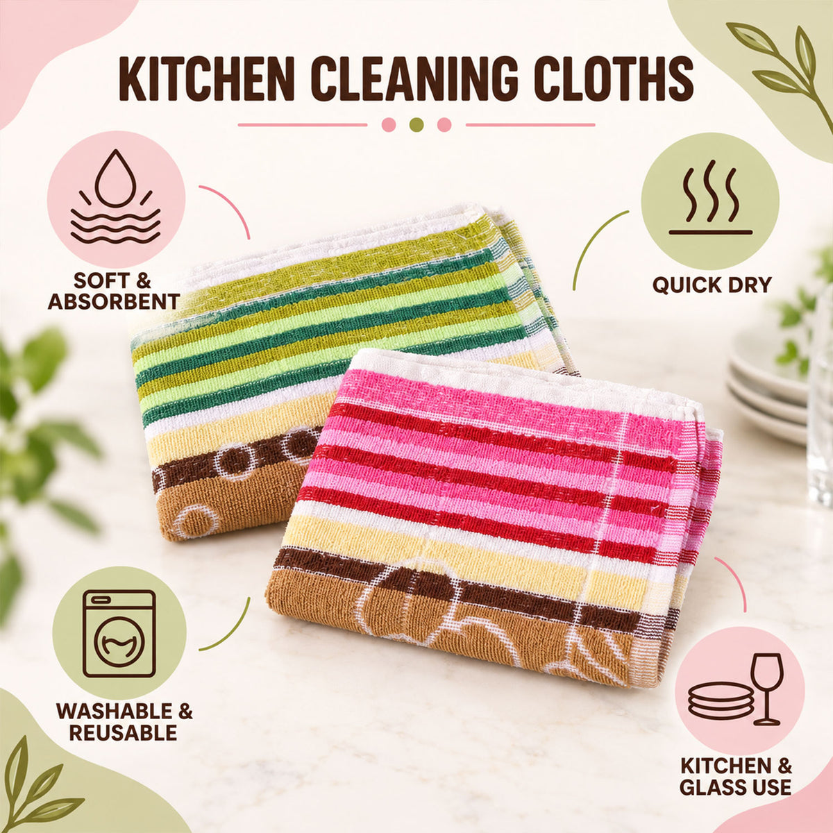 Washable reusable cloths for kitchen and glass wiping