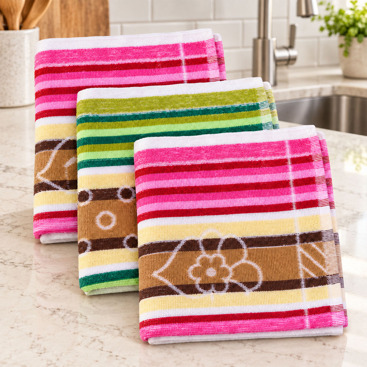 Three folded striped cleaning cloths