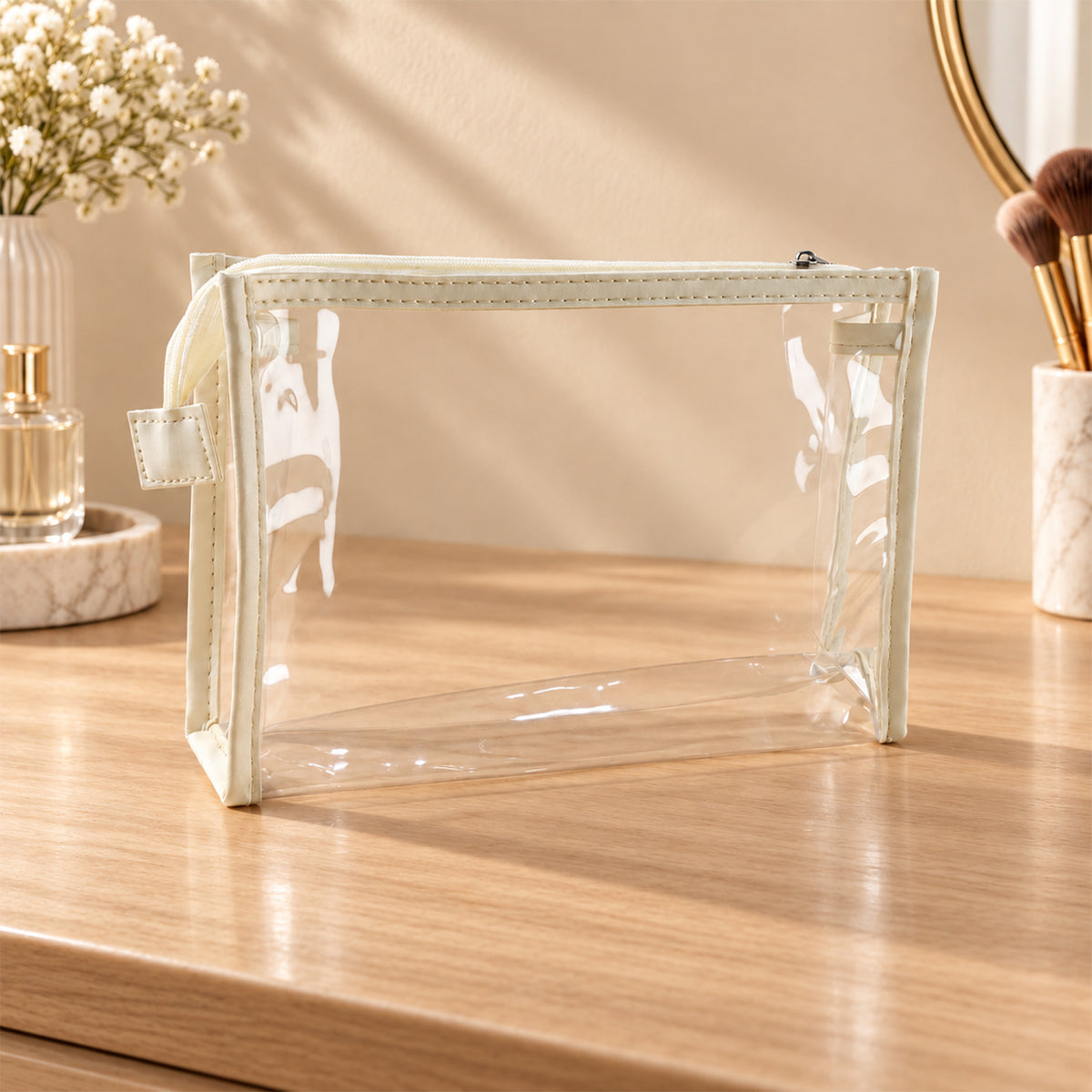 Empty clear zipper pouch on dressing table
