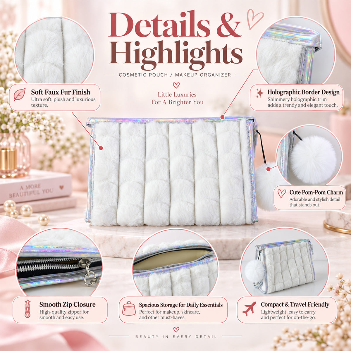 Faux fur finish iridescent trim and pom pom details