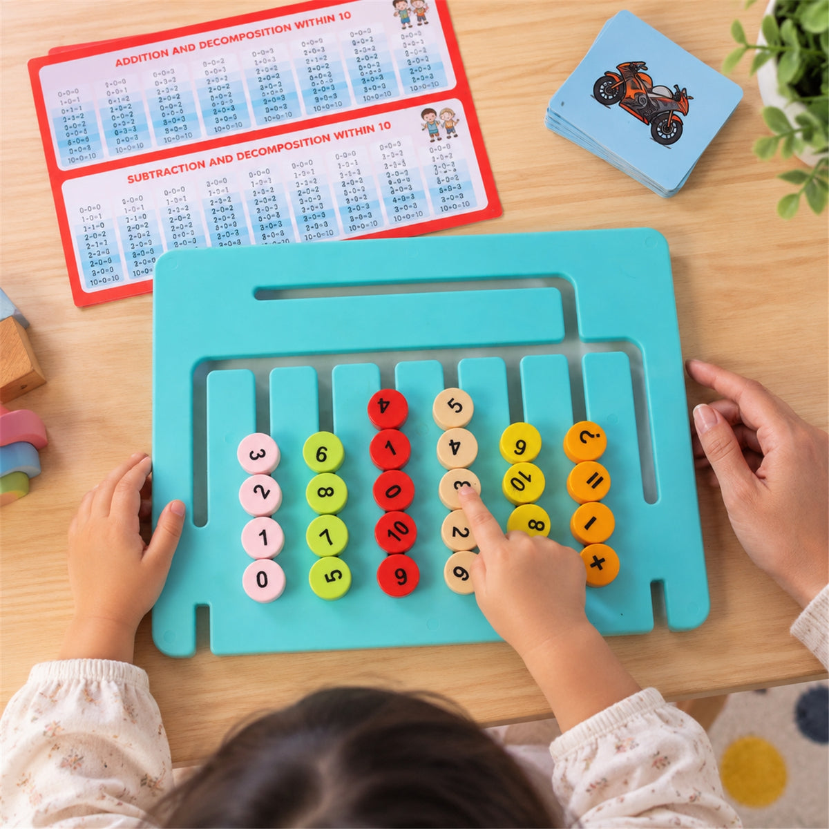 Sliding alphabet board viewed during tabletop play