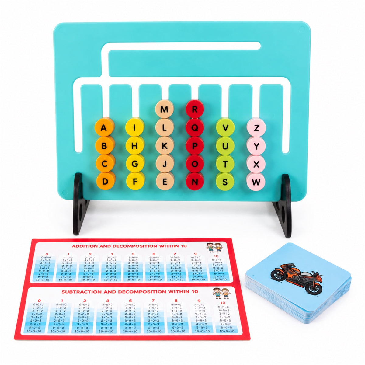 Activity board and learning accessories on white background