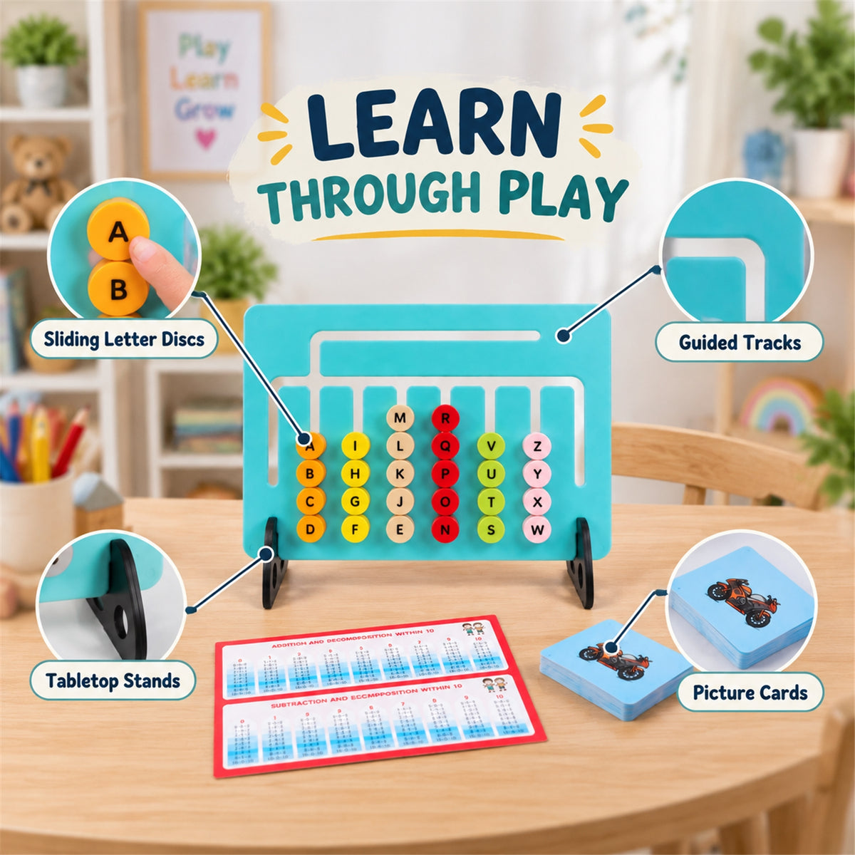 Sliding letter discs guided tracks stands and picture cards