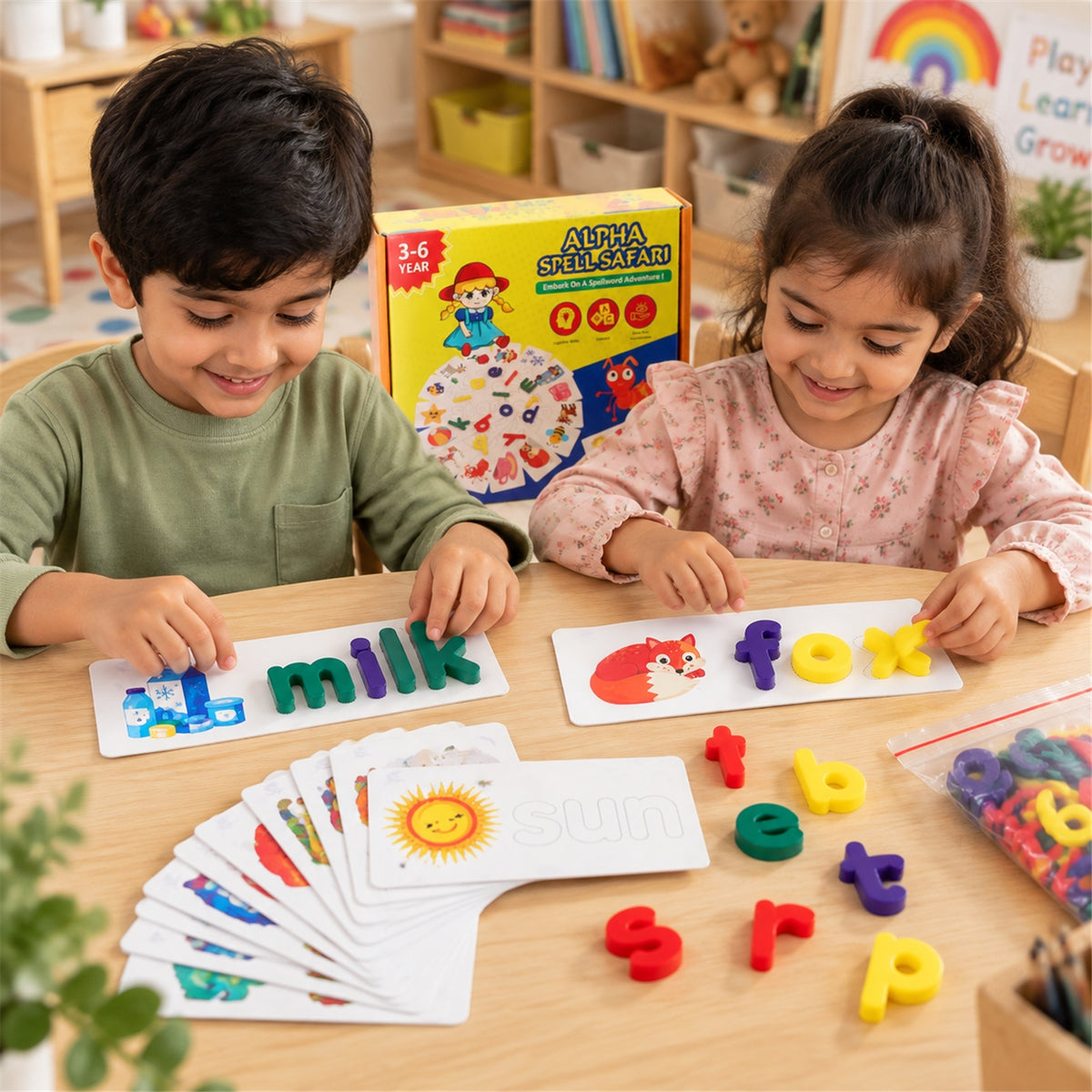 Children arranging letters on word cards