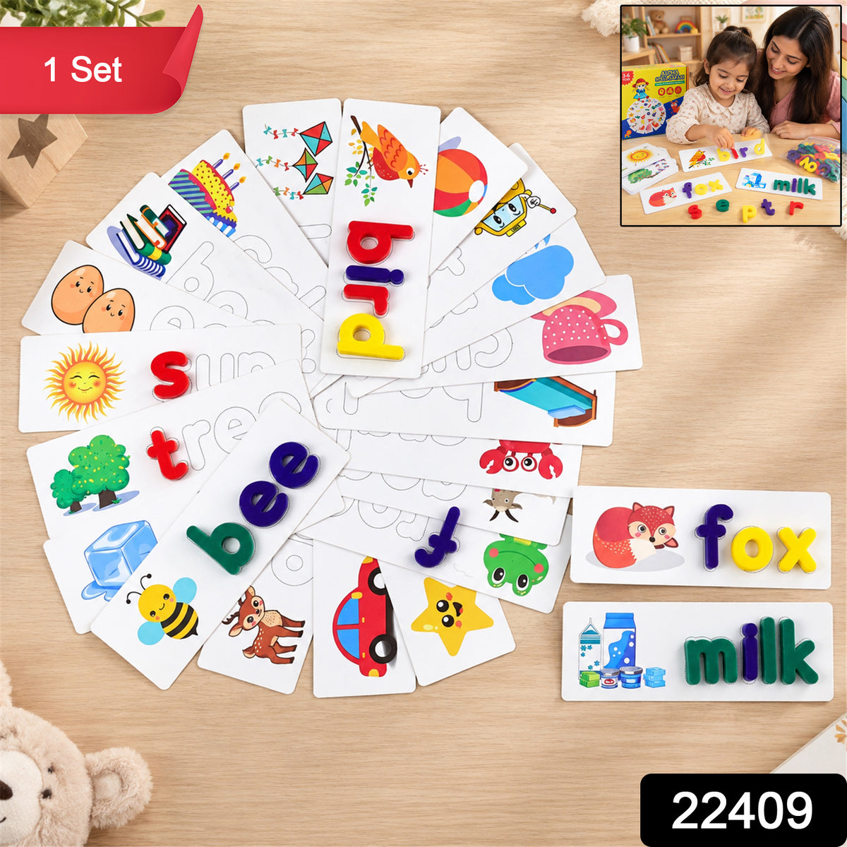 Word puzzle cards with product code 22409 and one set label