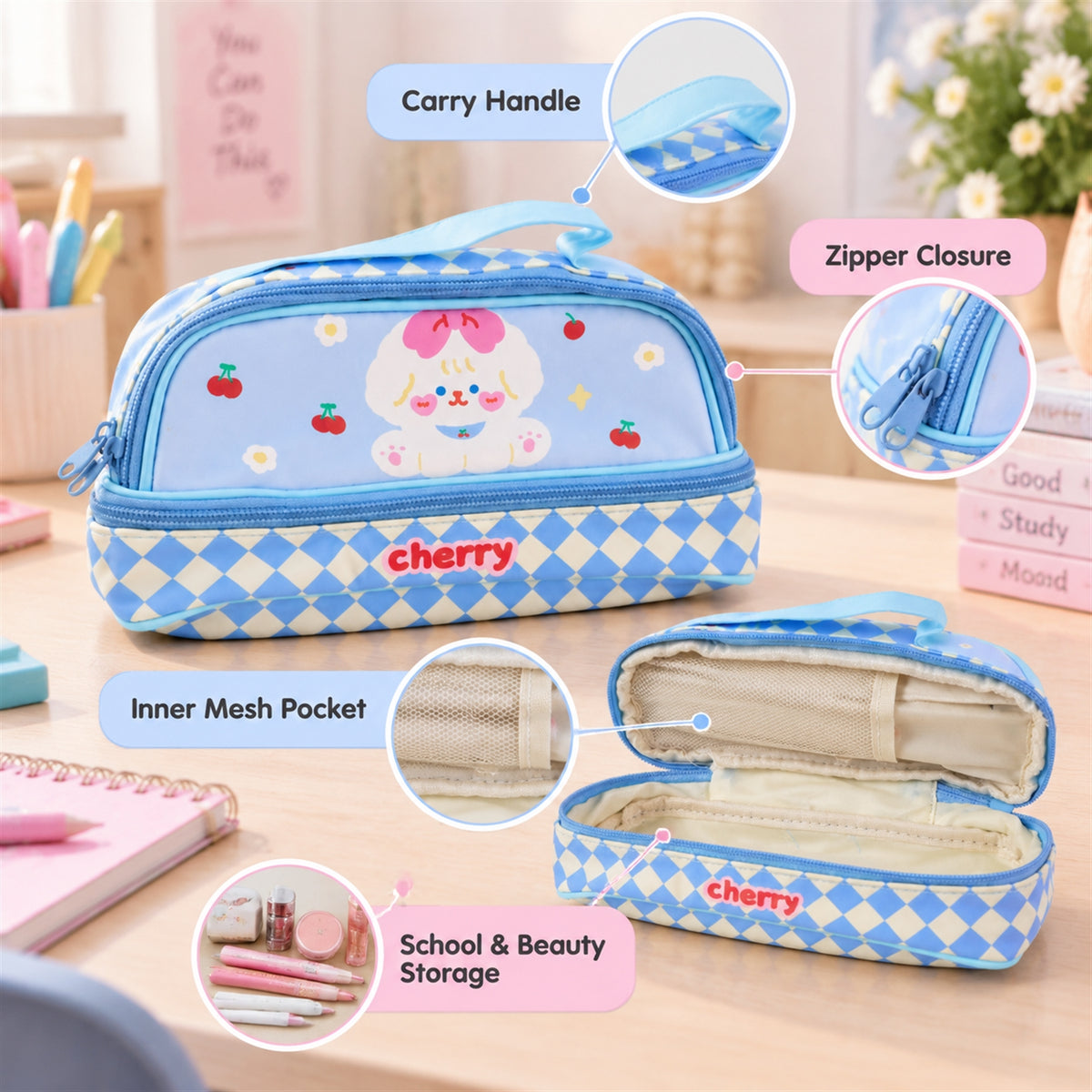 Carry handle zipper and inner mesh pocket details