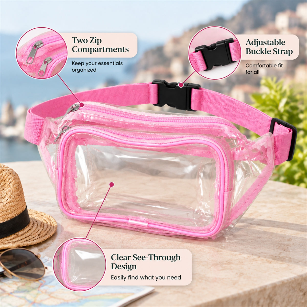 Clear panels two zip compartments and buckle strap details