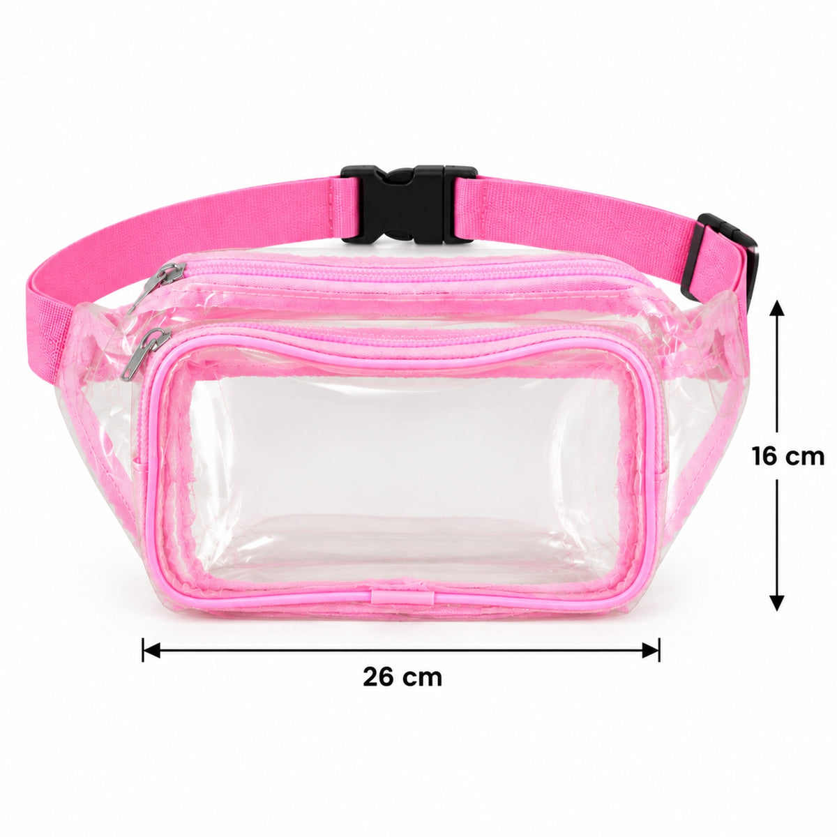 Waist bag dimensions 26 cm wide by 16 cm high