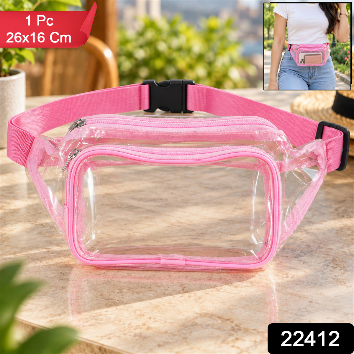 Waist bag with product code 22412 and 26x16 cm label