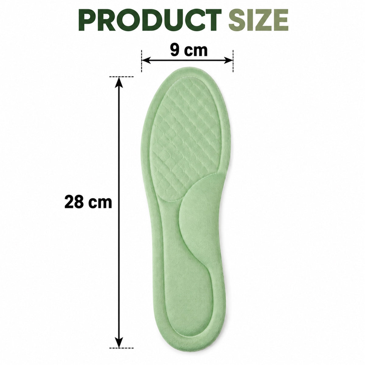 Insole size guide showing length 28 cm and width 9 cm