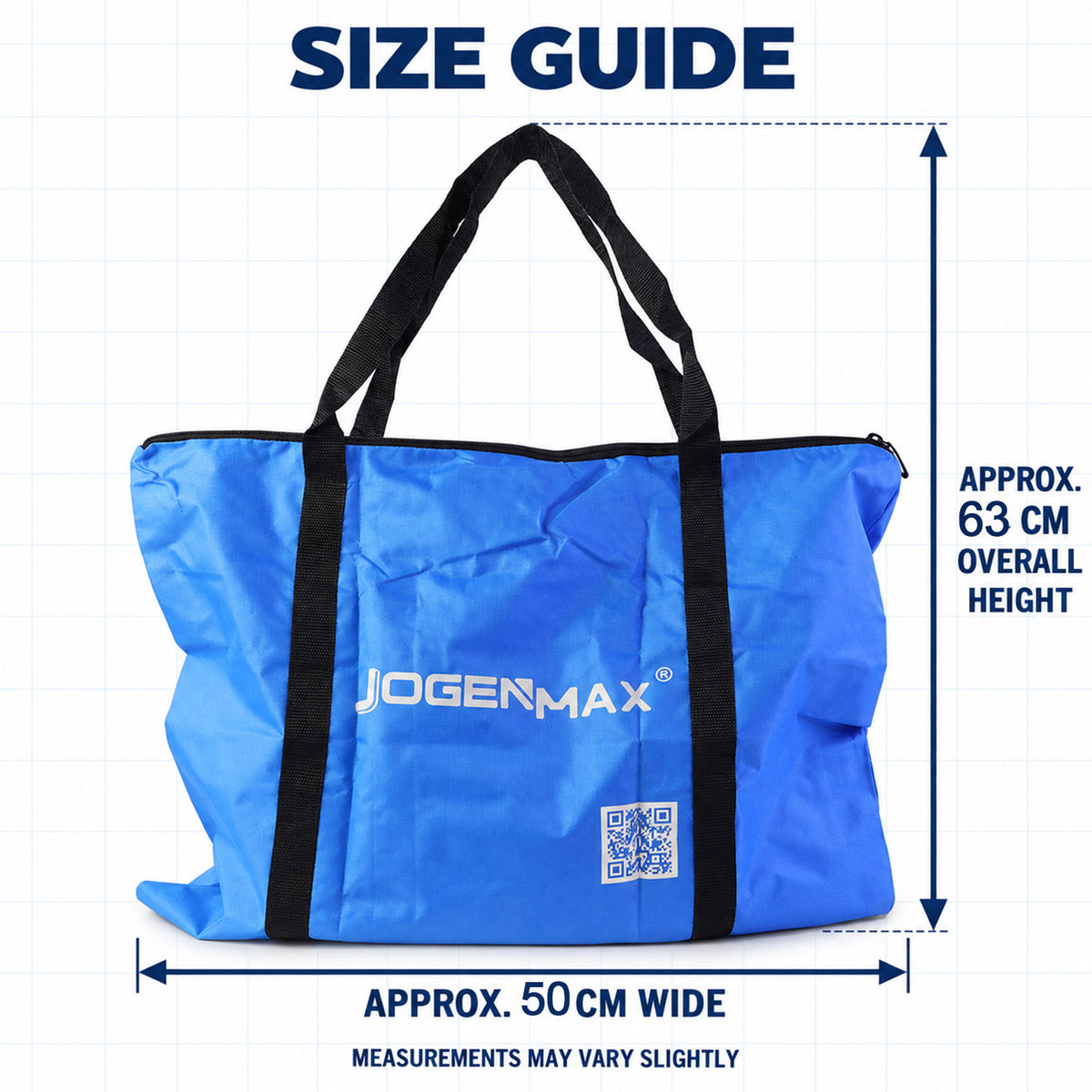 Carry bag size guide showing approximately 50 cm width and 63 cm overall height including handles