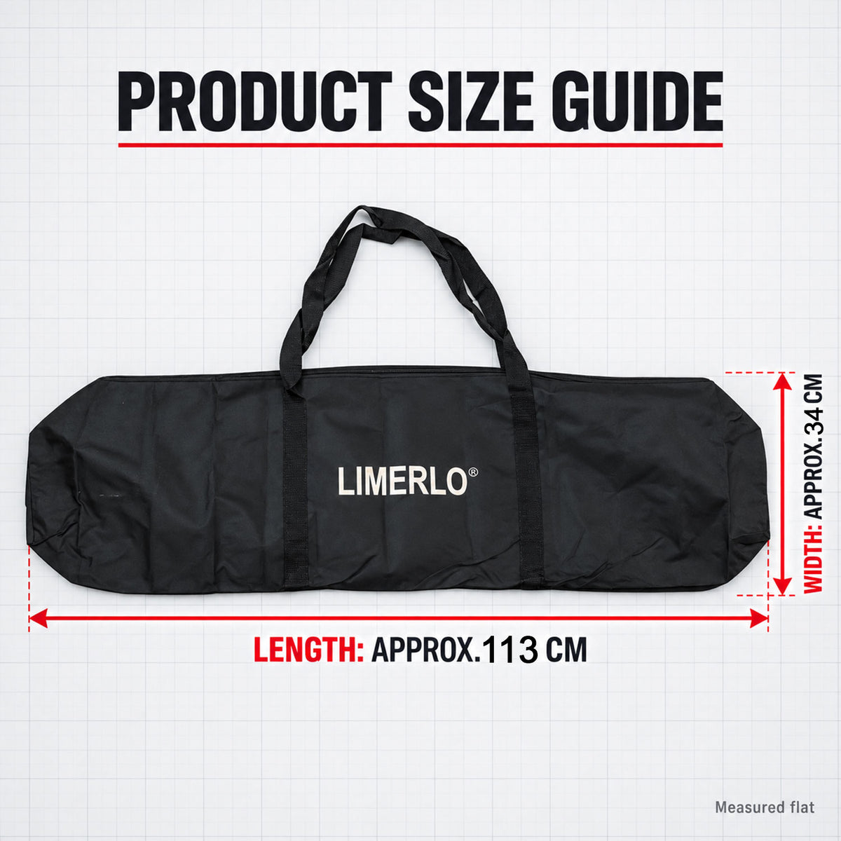 Sports kit bag size guide showing approximately 113 by 34 cm