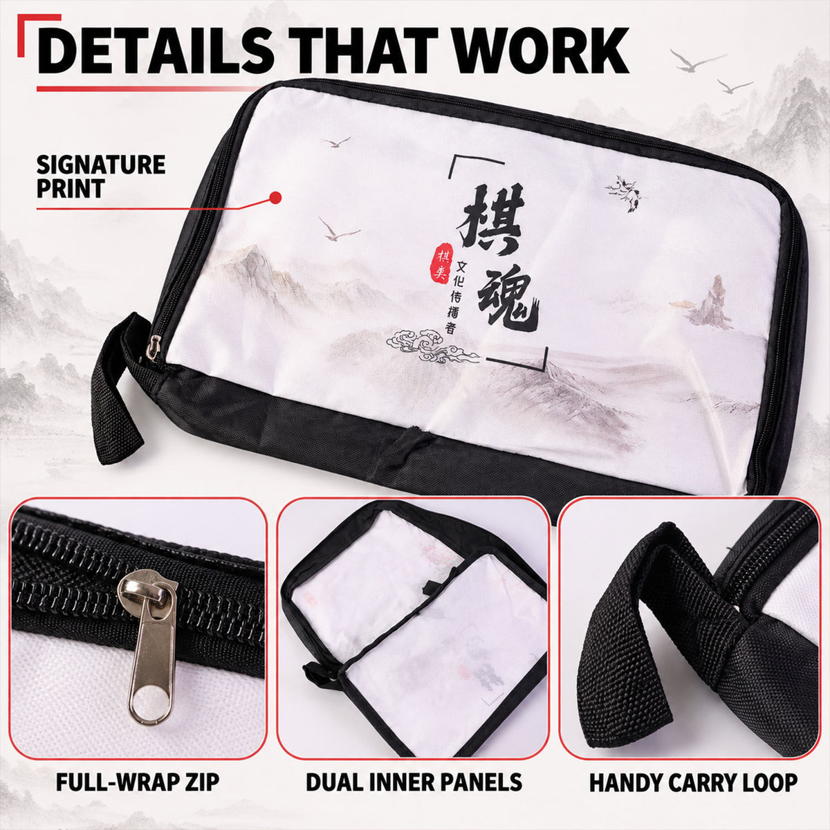 Printed travel organizer pouch with zipper and carry loop - view 03