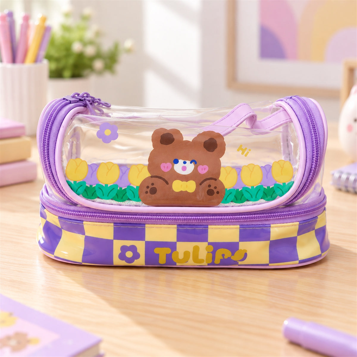 Bear and tulip printed double layer pouch - view 1