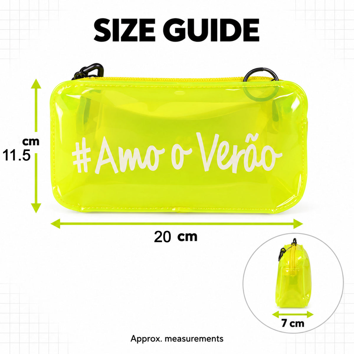 Crossbody bag size guide showing 20 cm width, 11.5 cm height and 7 cm depth