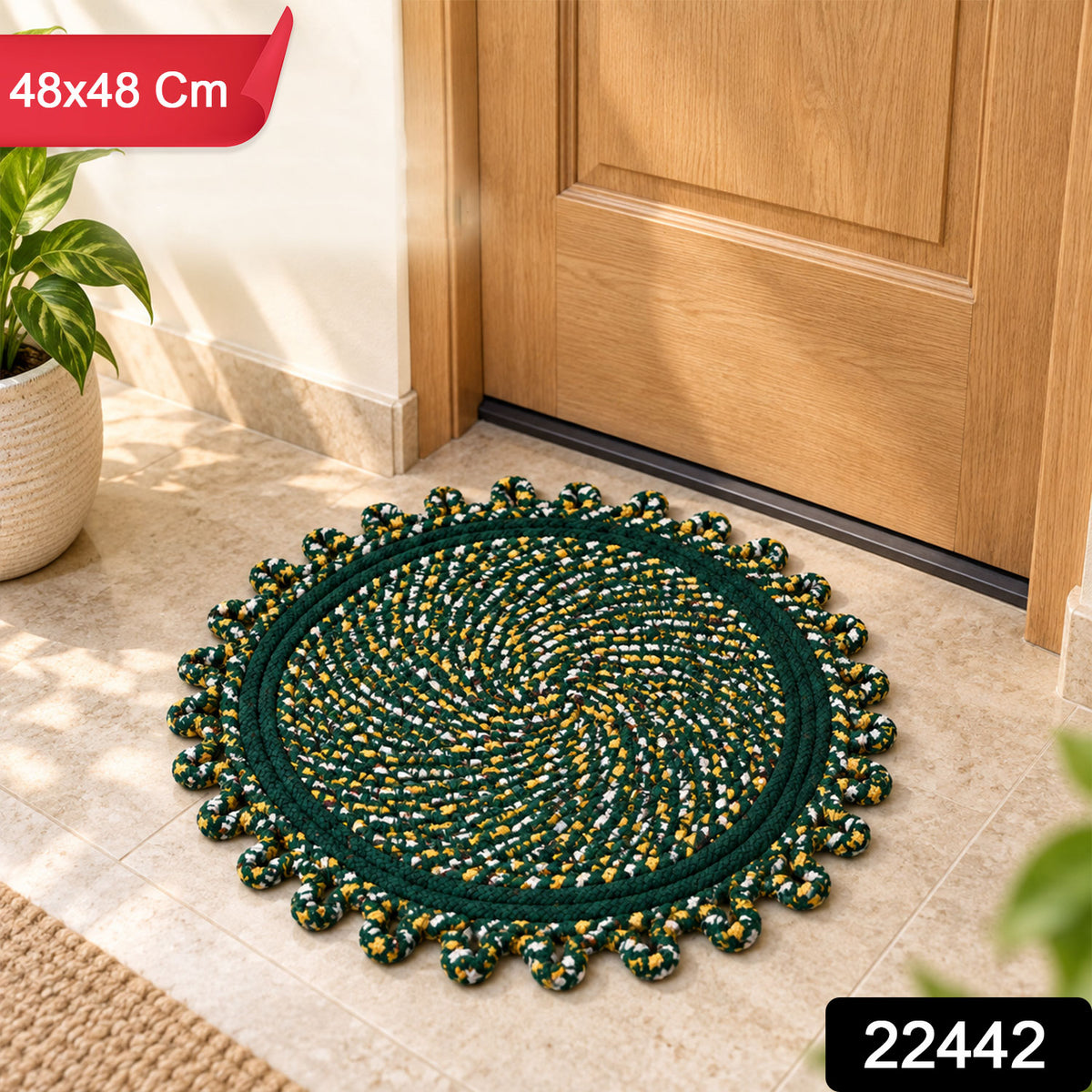 Round decorative floor mat with product code 22442 and 48x48 cm label