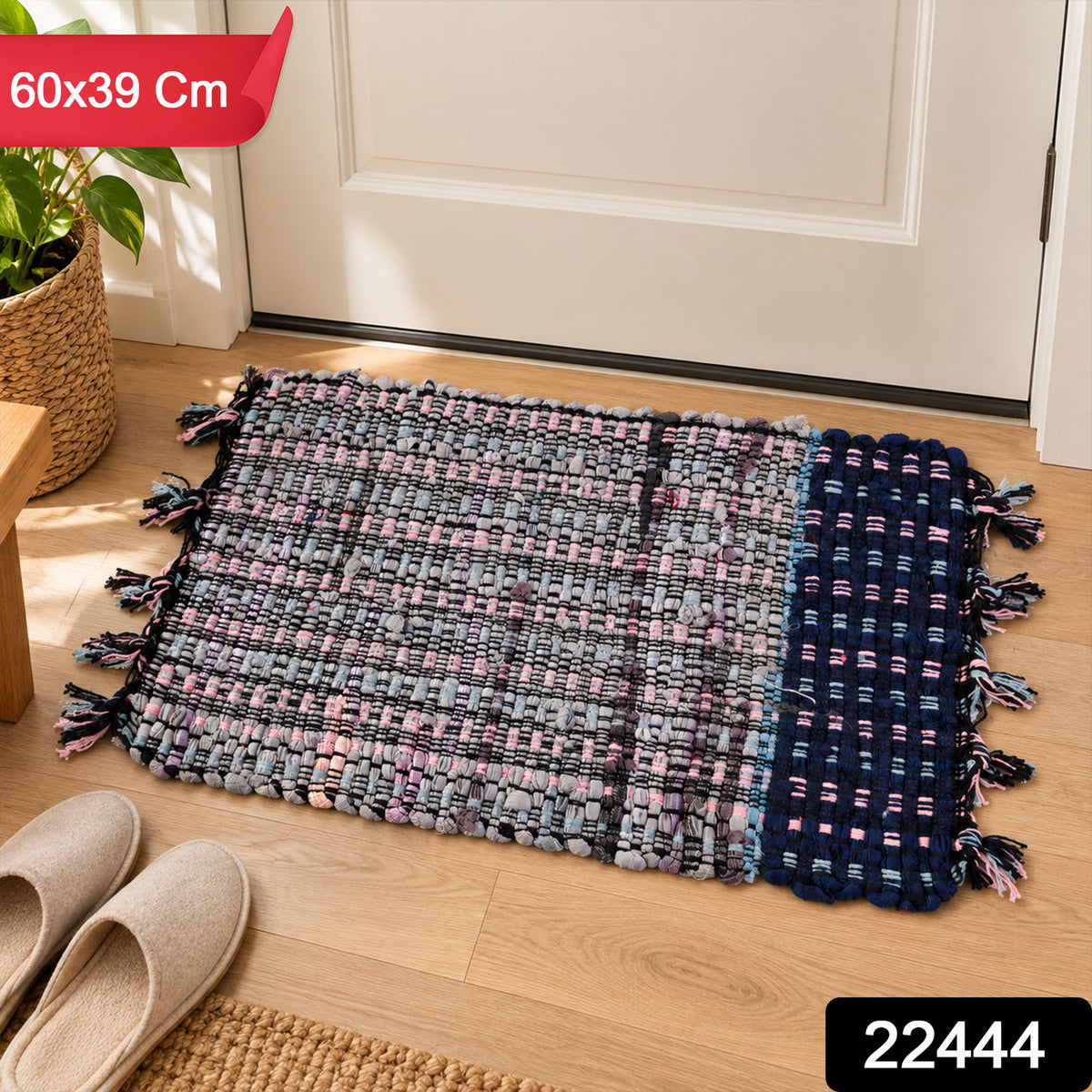 Decorative woven floor mat with product code 22444 and 60x39 cm label