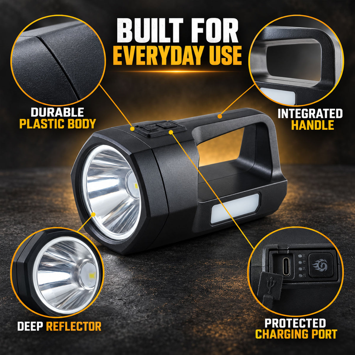 Rechargeable LED torch with side work light view 02