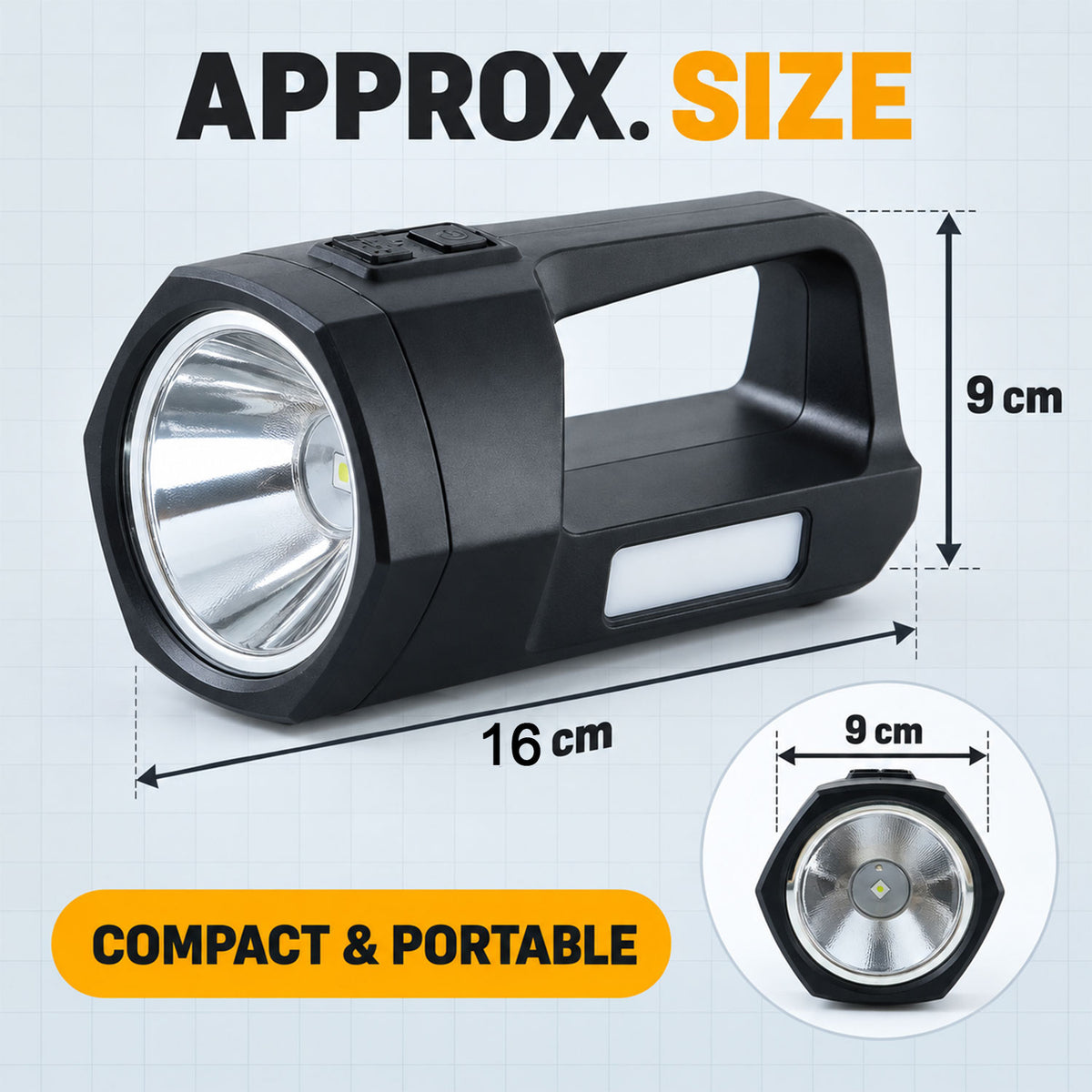 Rechargeable LED torch with side work light approximate dimensions