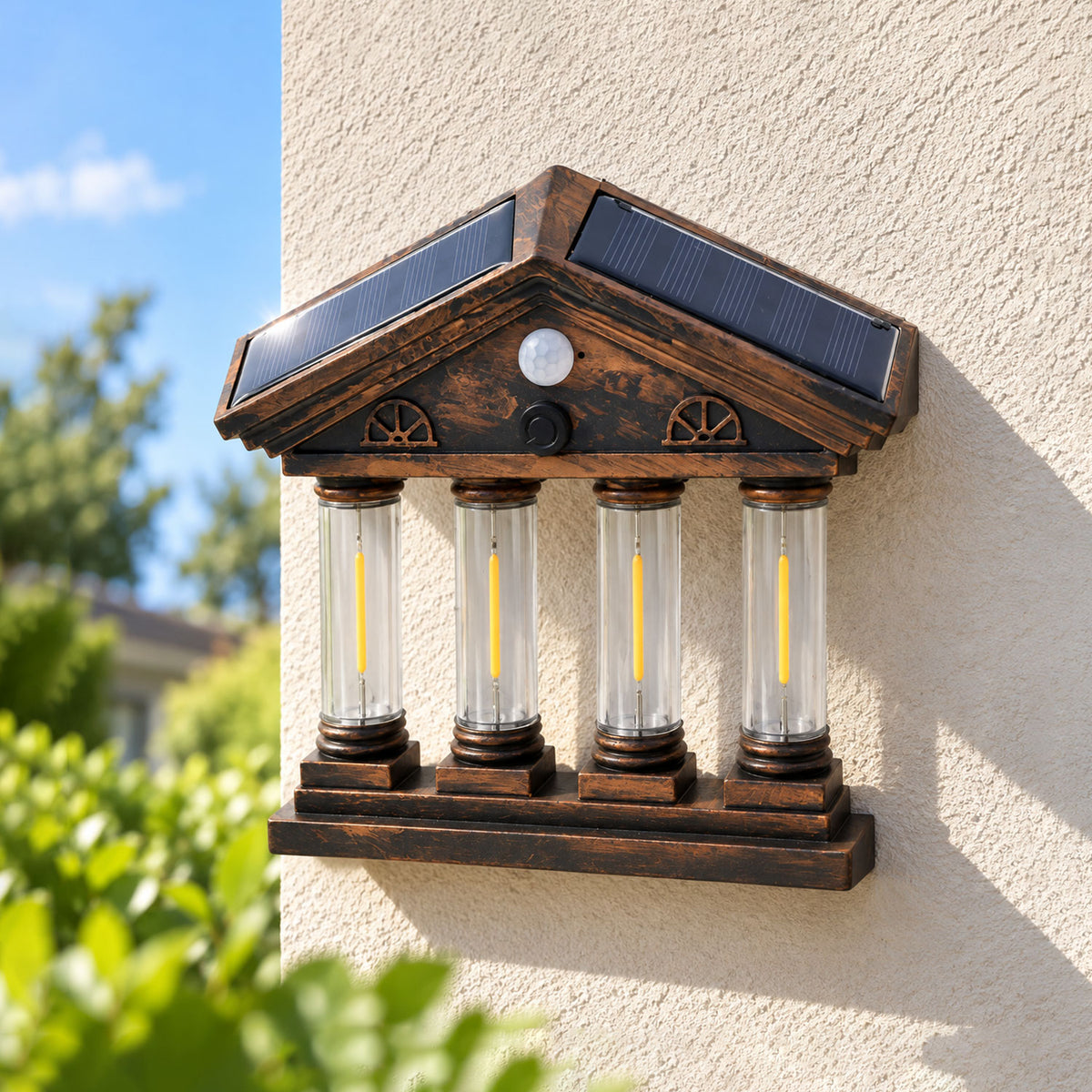 Four COB motion sensor solar wall light with dual solar panels 1