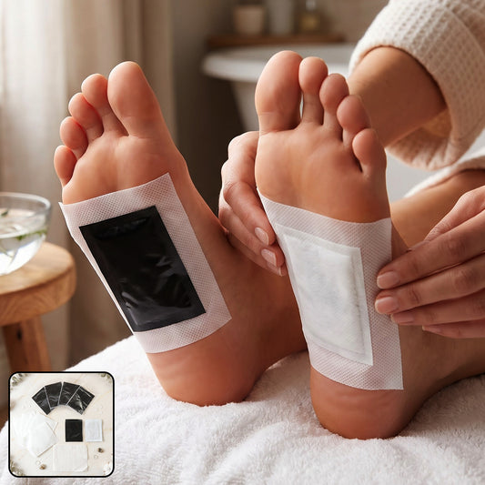 A person's feet with black and white foot pads applied, resting on a white towel in a bathroom setting