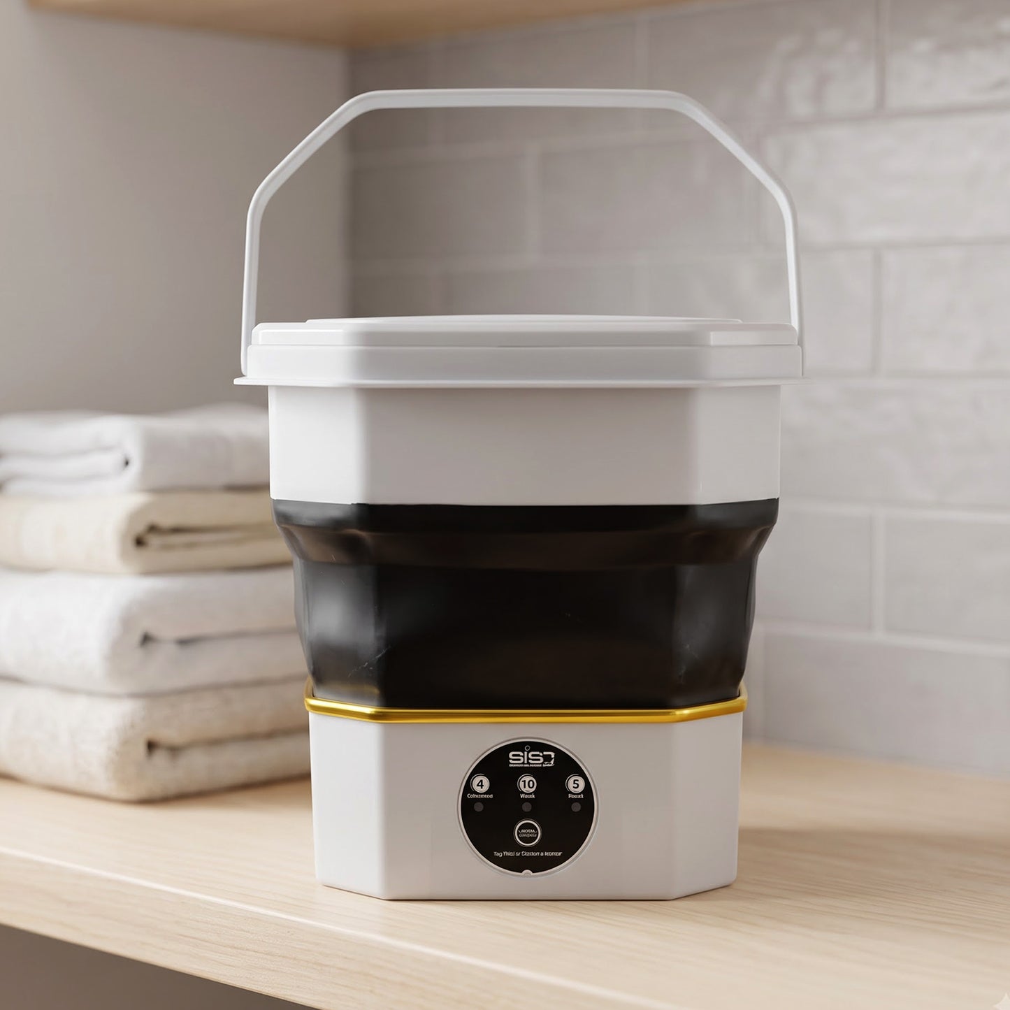 Compact electric folding washer standing upright
