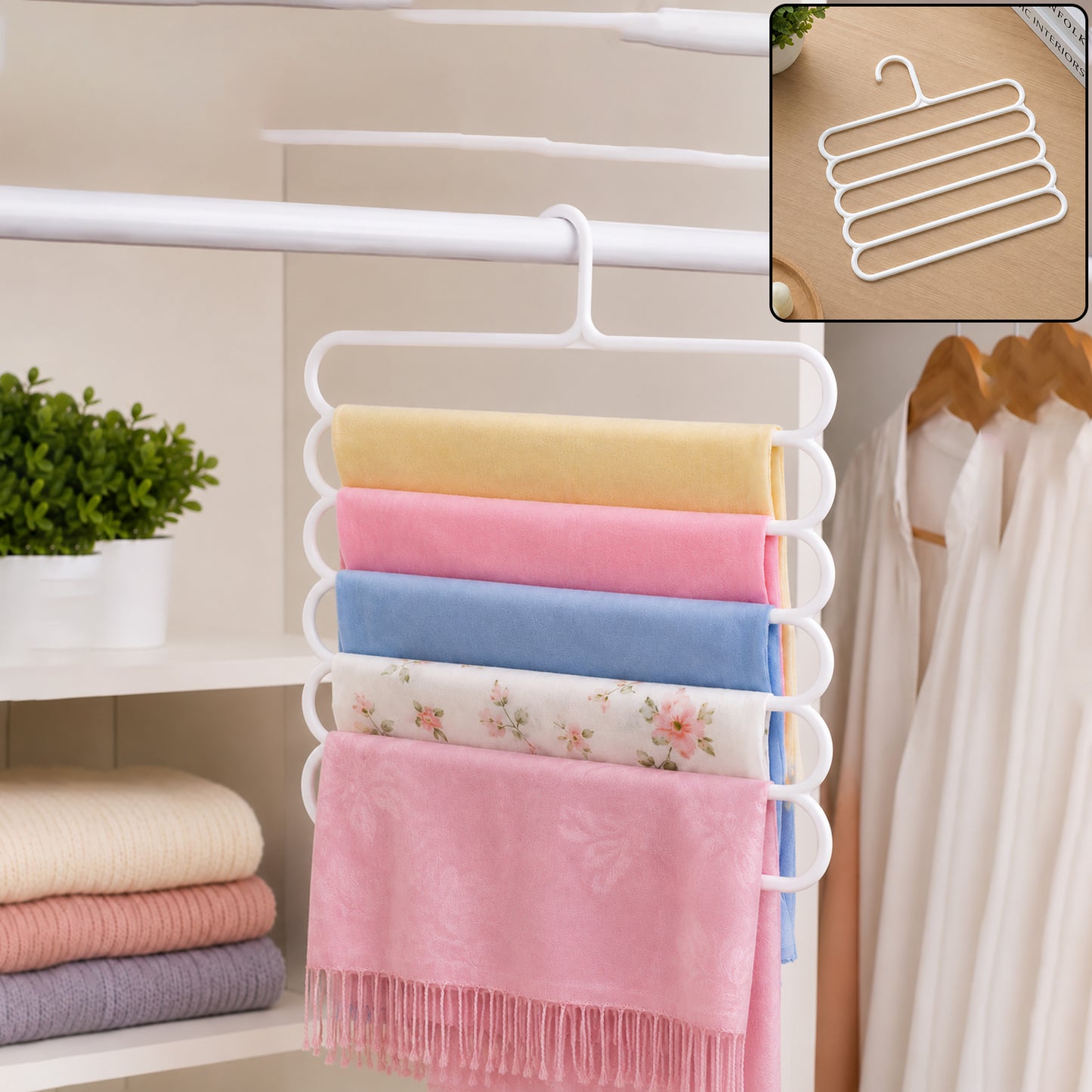 Large 5 in 1 plastic multipurpose clothes hanger in use