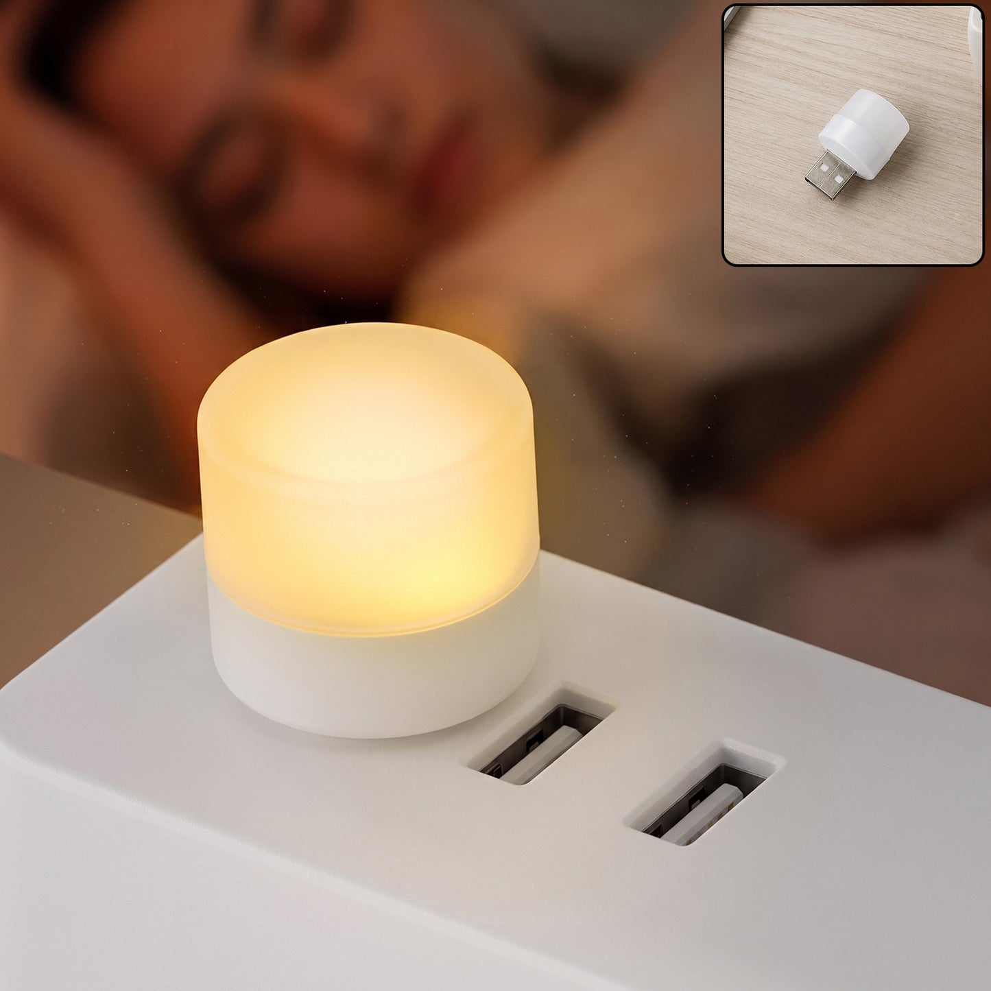Mini USB LED night light glowing in USB port