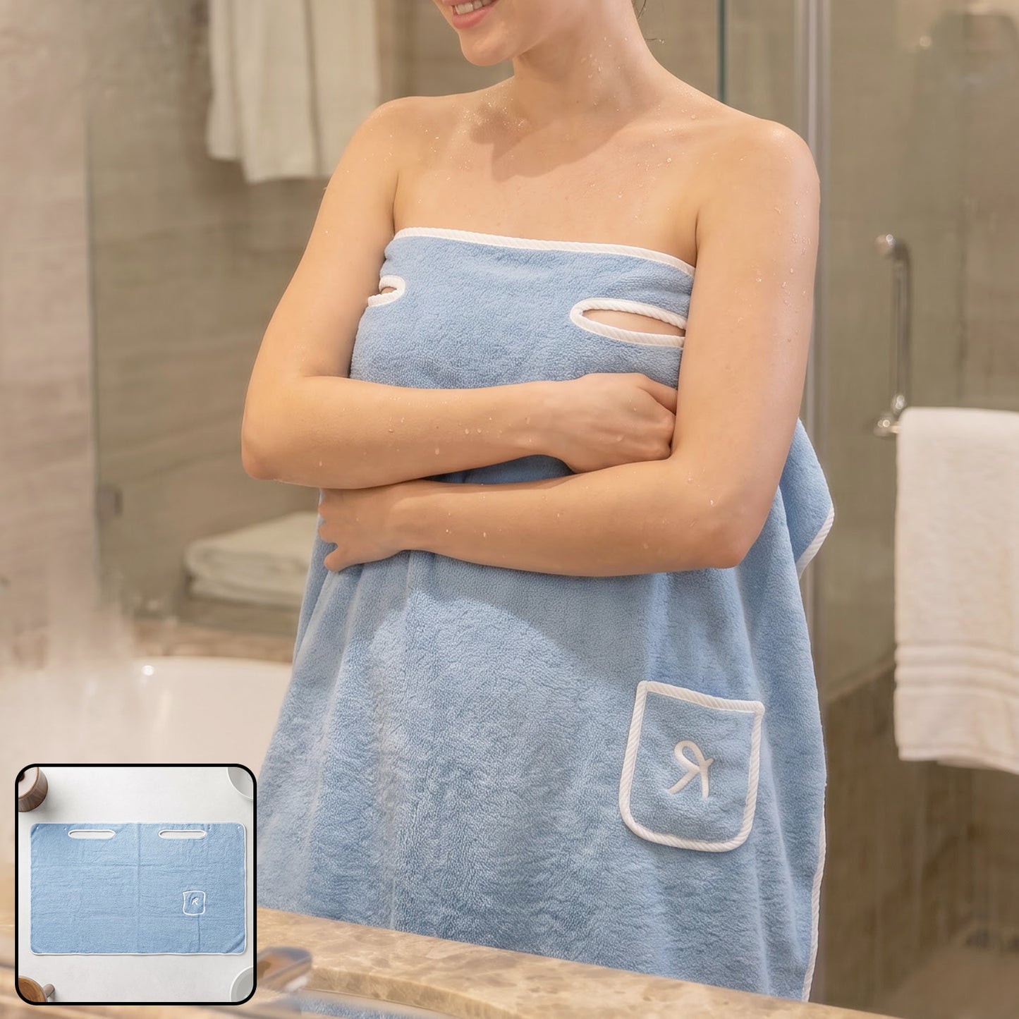 Soft absorbent wearable bath towel in use
