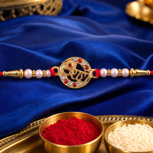 Elegant Pearl Bead Rakhi with red thread, presented on a festive background.