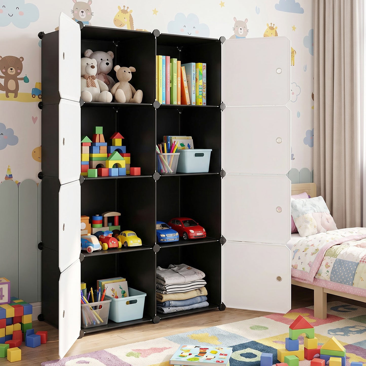 Modular storage cabinet with open doors