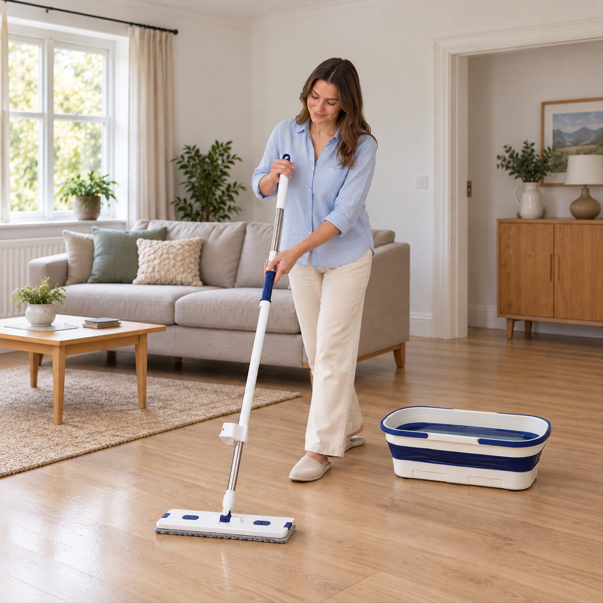 Hand wash free flat mop and folding bucket - floor cleaning