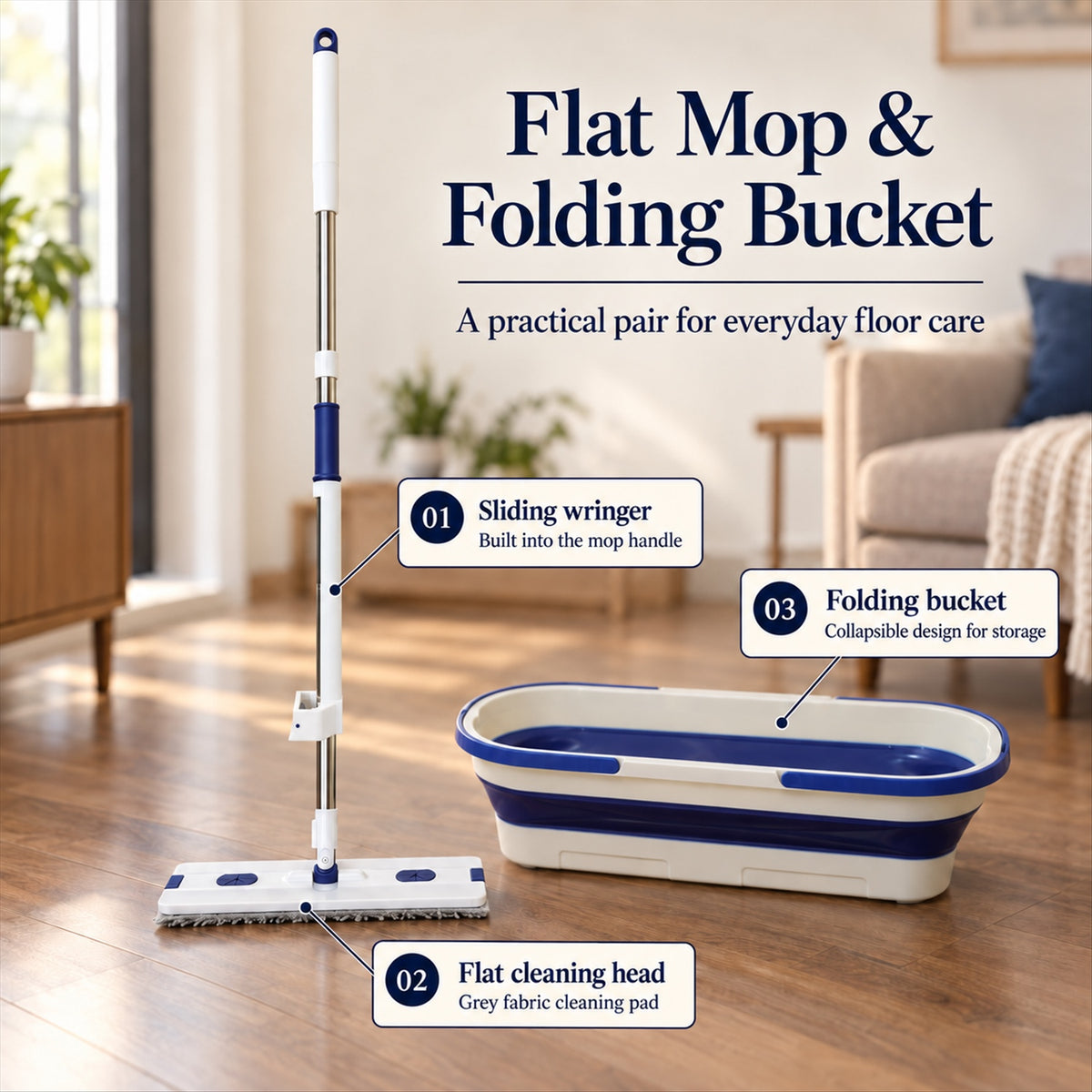 Hand wash free flat mop and folding bucket - sliding wringer and bucket