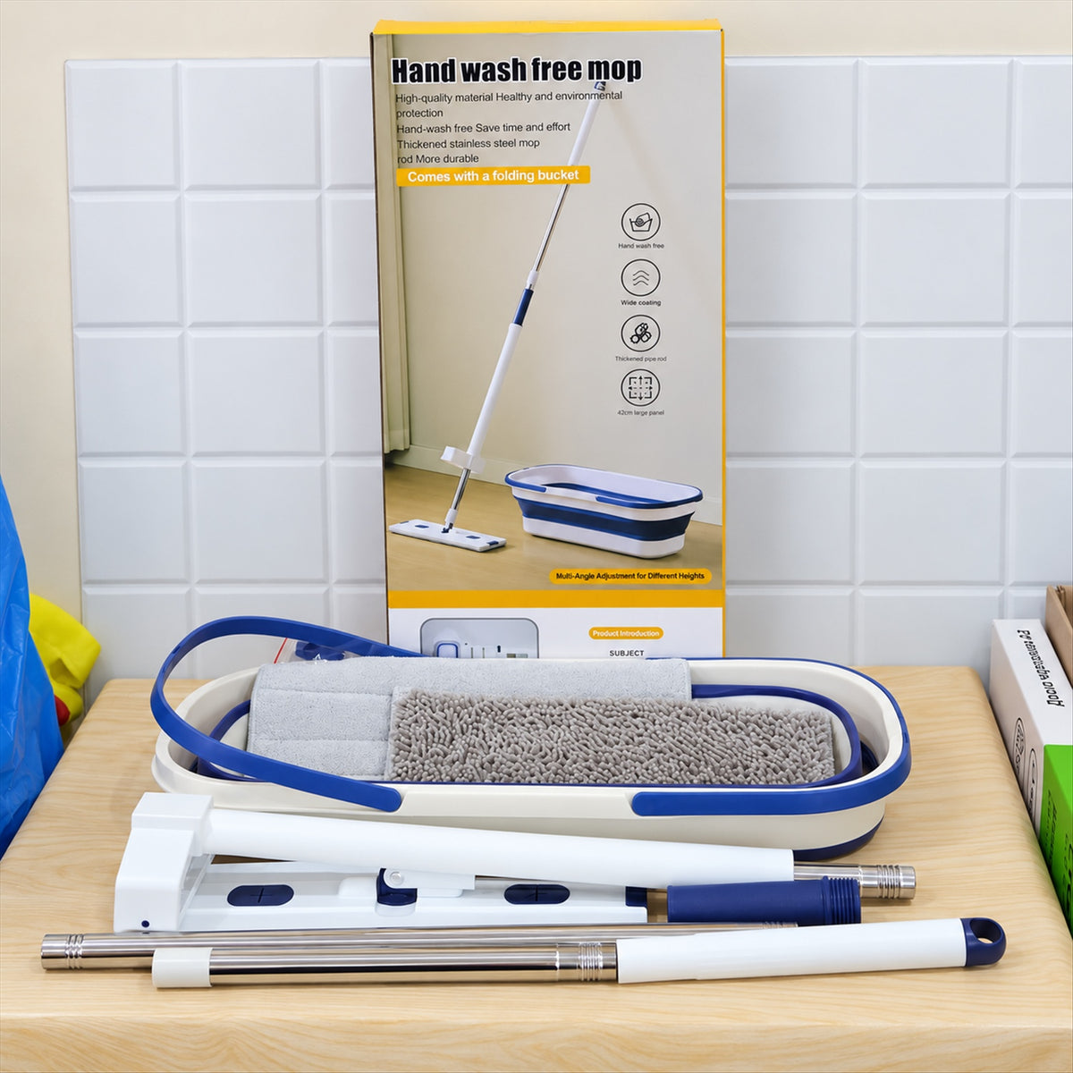 Hand wash free flat mop and folding bucket - actual set and box