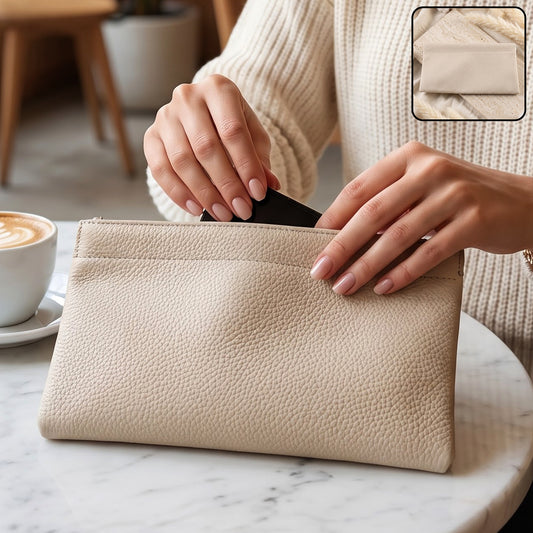 A woman's hands putting a black card into a cream textured faux leather pouch on a marble cafe table, with a coffee cup