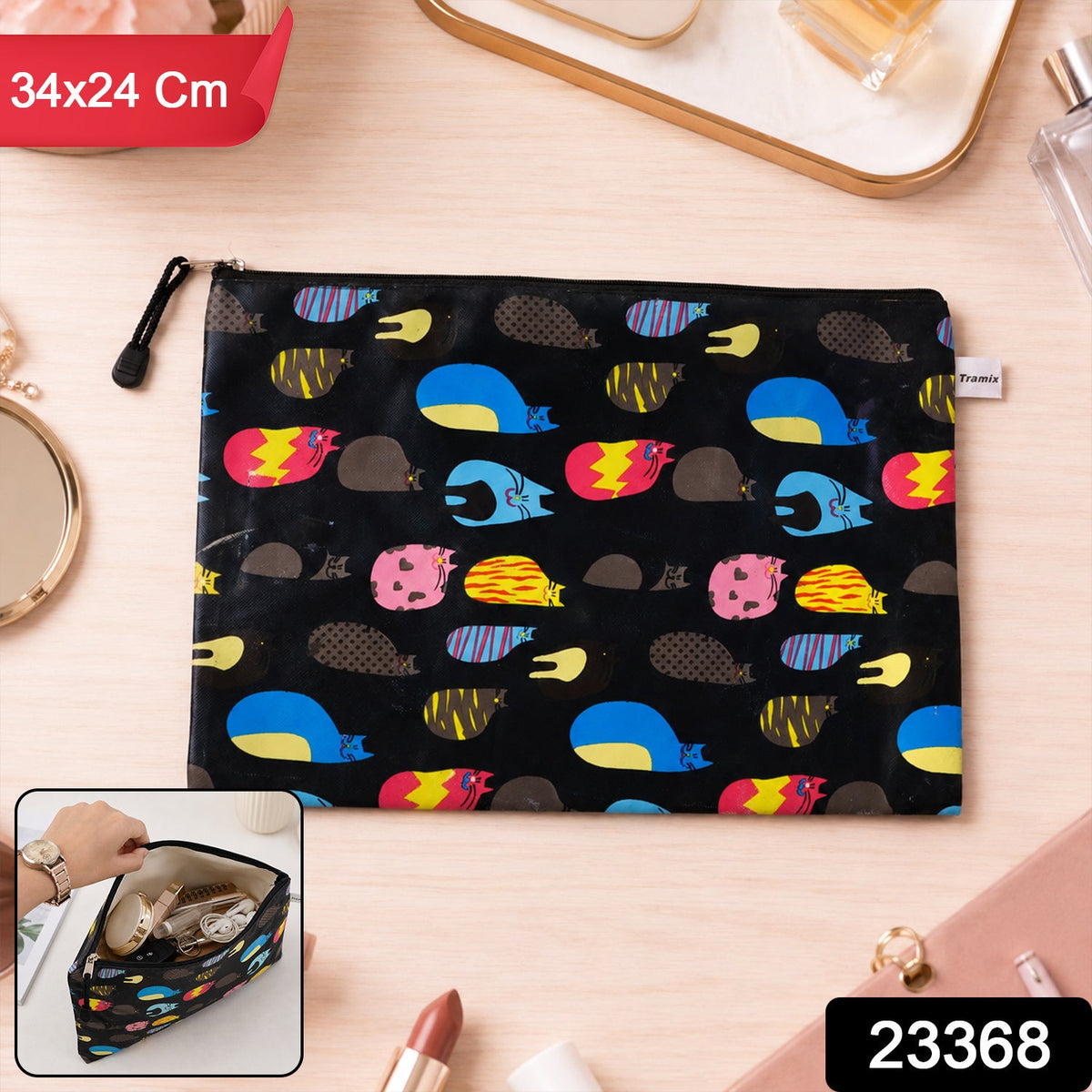 Stylish travel storage organizer zip pouch in assorted prints
