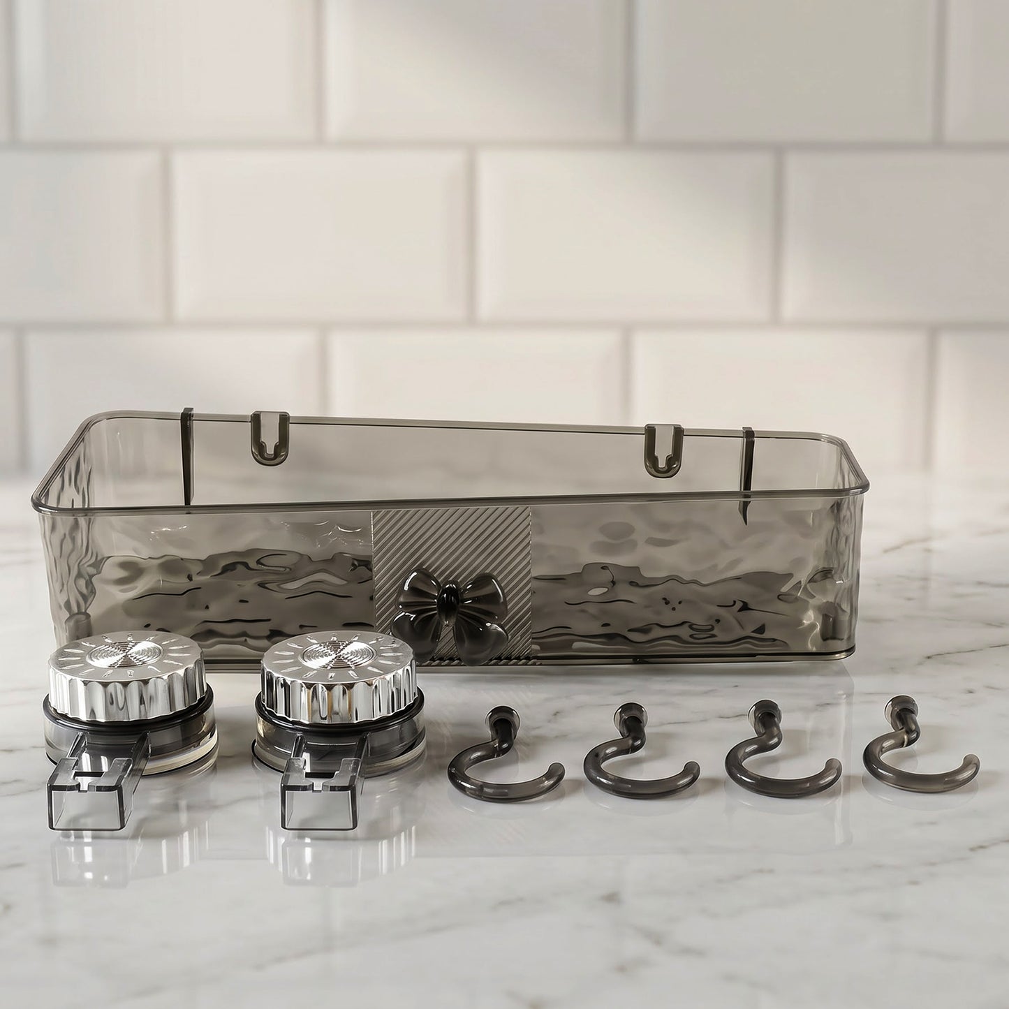Bathroom storage shelf set with suction mounts and hooks