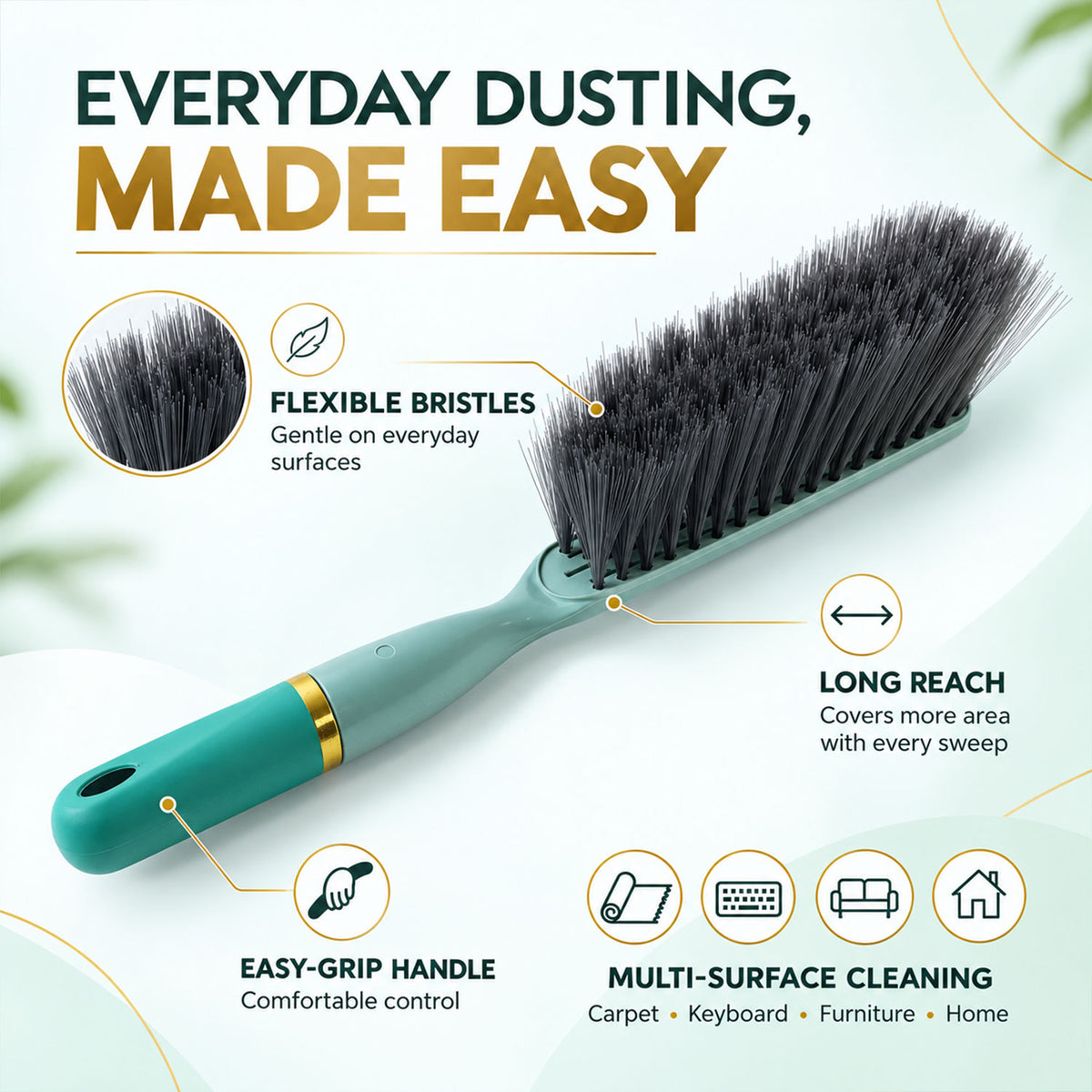 Long handle bed dusting brush - bristle and handle features