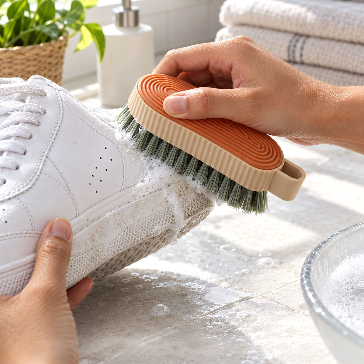 Multipurpose cleaning brush with textured grip and dense bristles 01