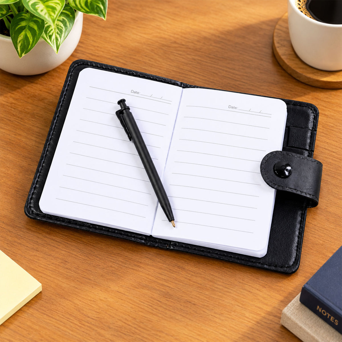 Pocket notebook diary with pen lined pages and snap closure 01