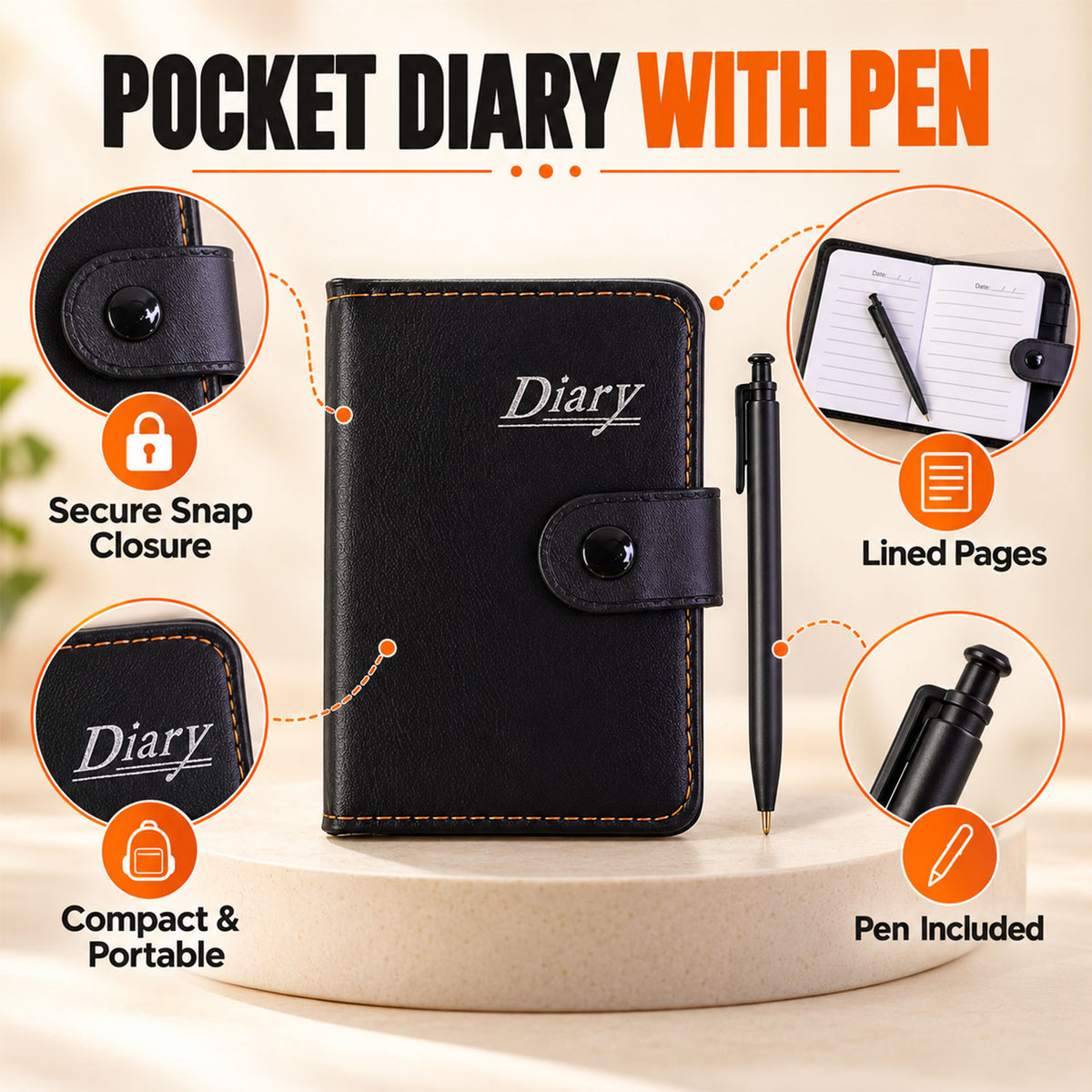 Pocket notebook diary with pen lined pages and snap closure 02