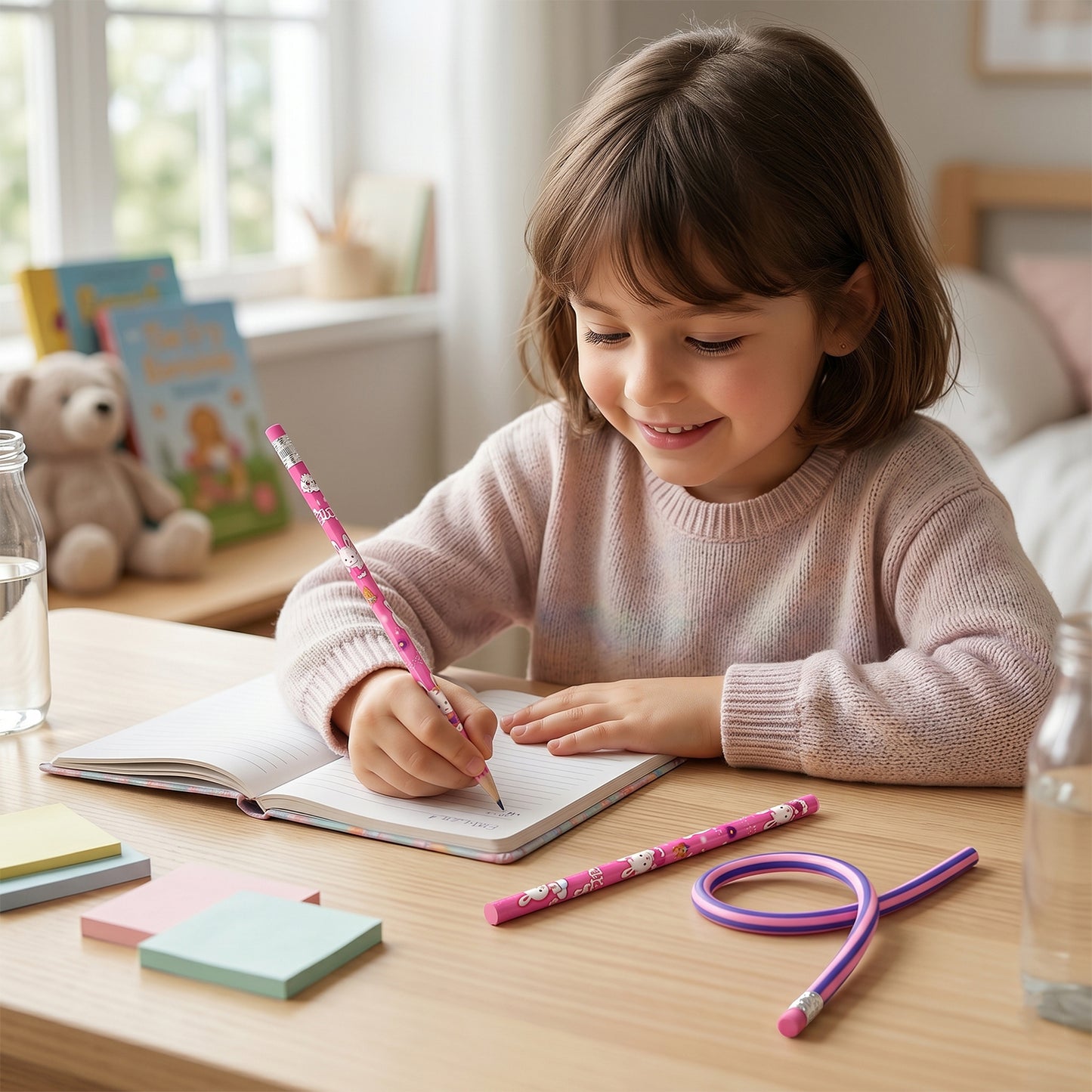 Child using the pink stationery set