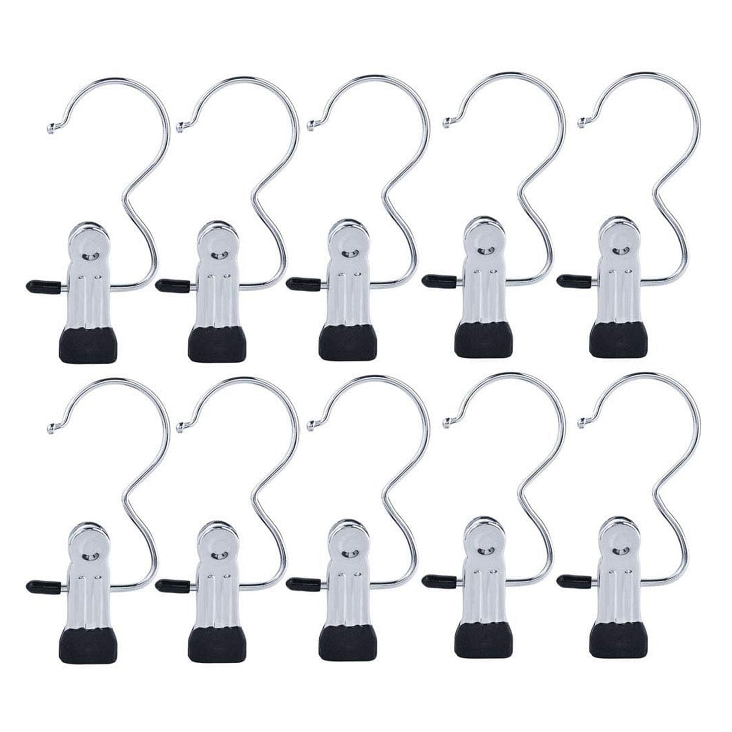 Ten metal clip holder hooks on white background