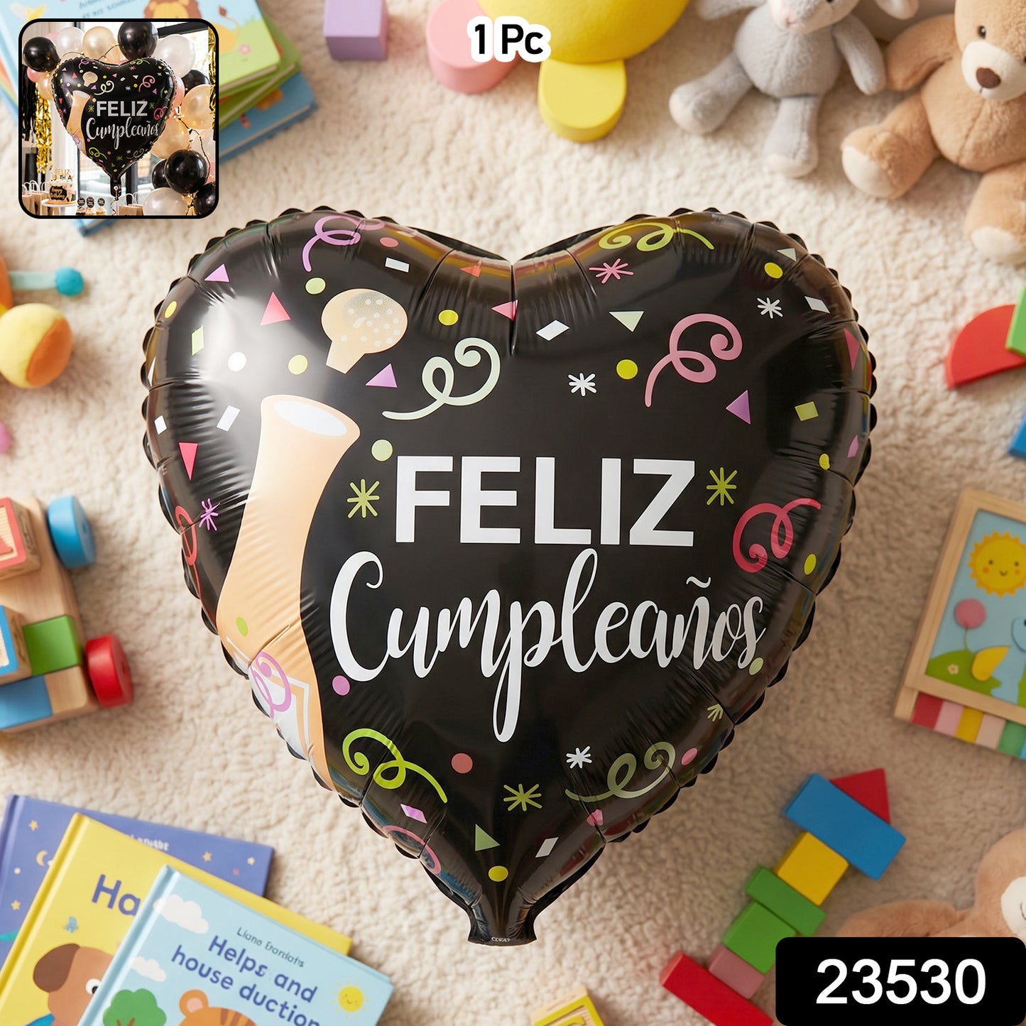 Close-up of Black Heart Feliz Cumpleaños foil balloon