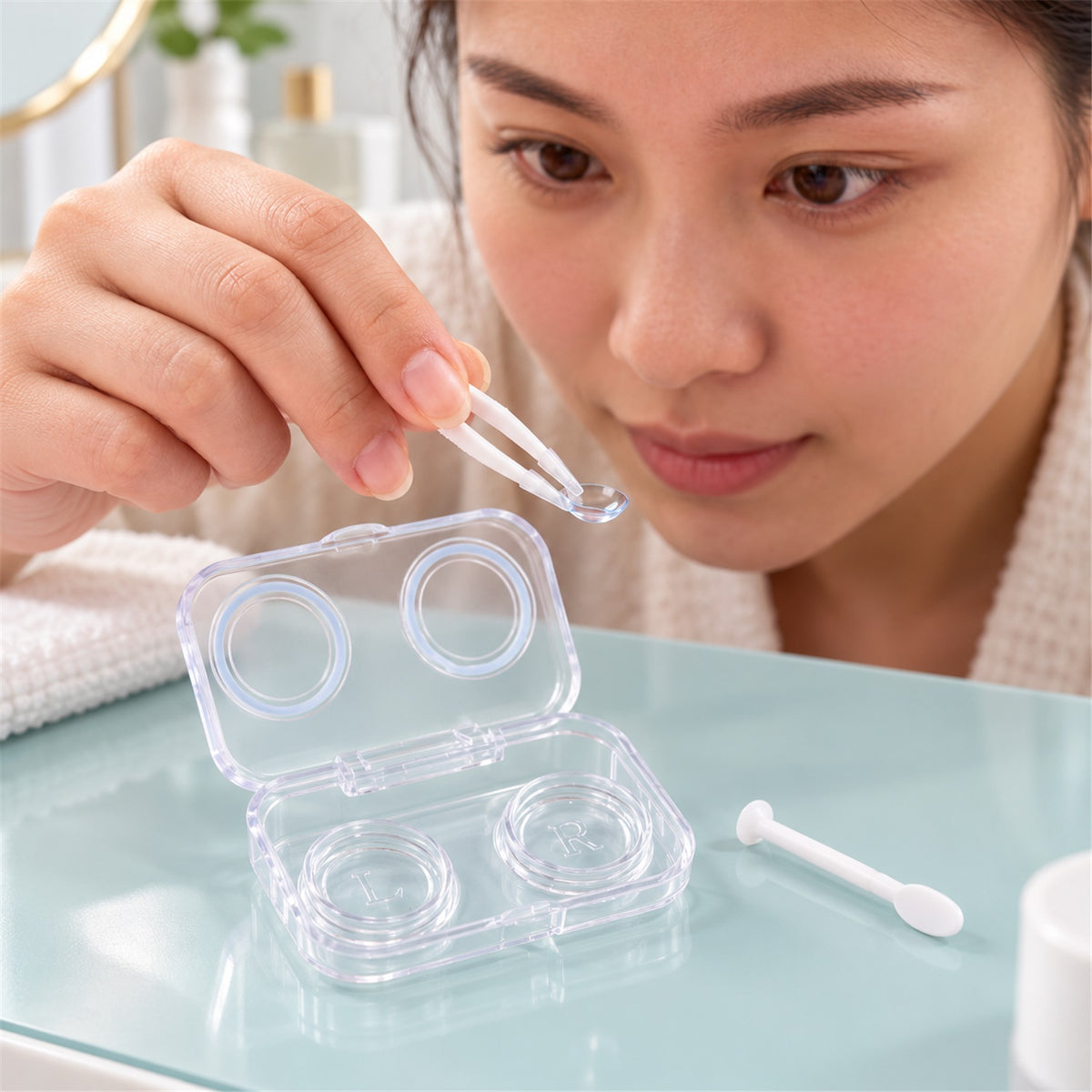 Compact contact lens case with tweezers and applicator 02
