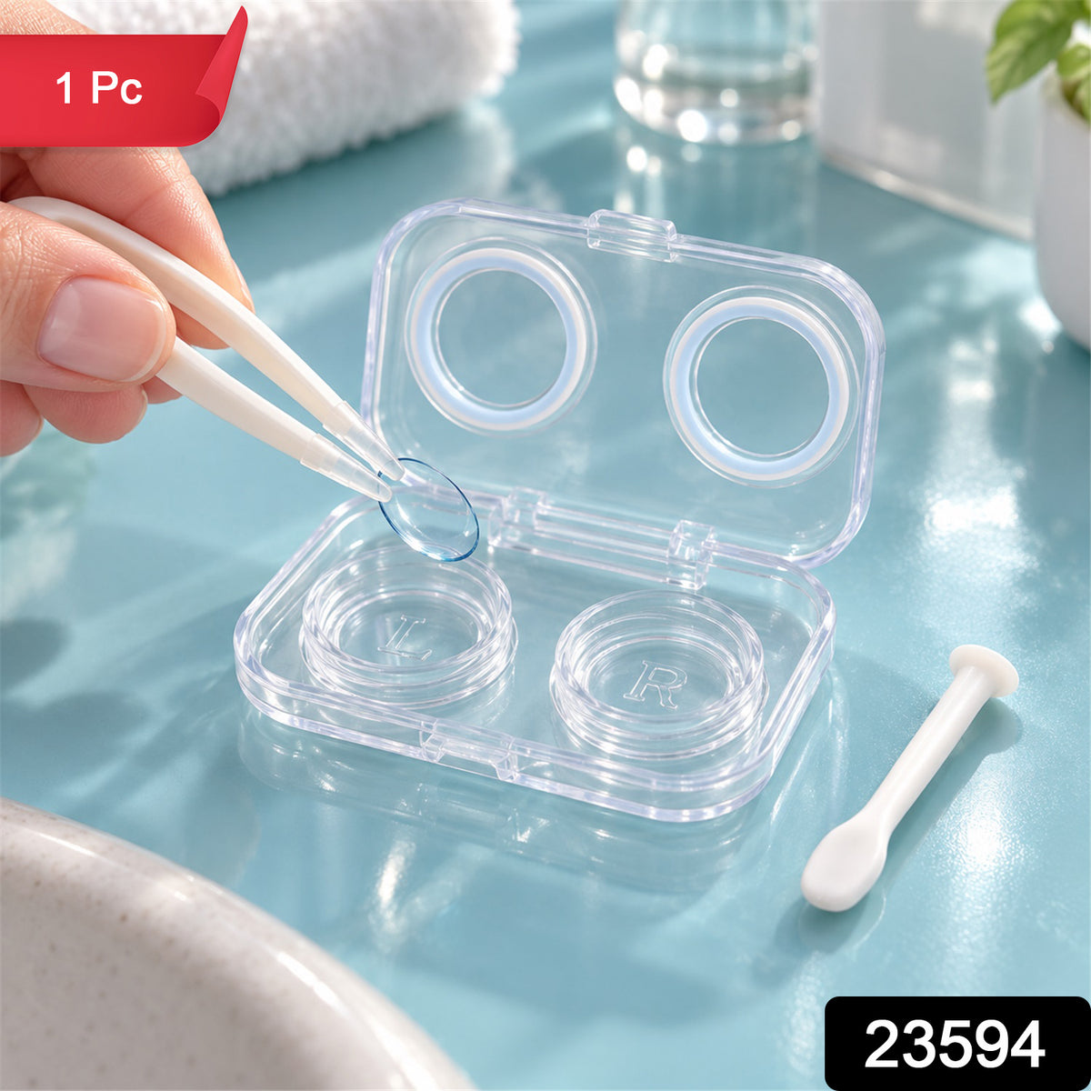 Compact contact lens case with tweezers and applicator sku