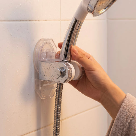 Suction cup shower head holder installed on bathroom wall