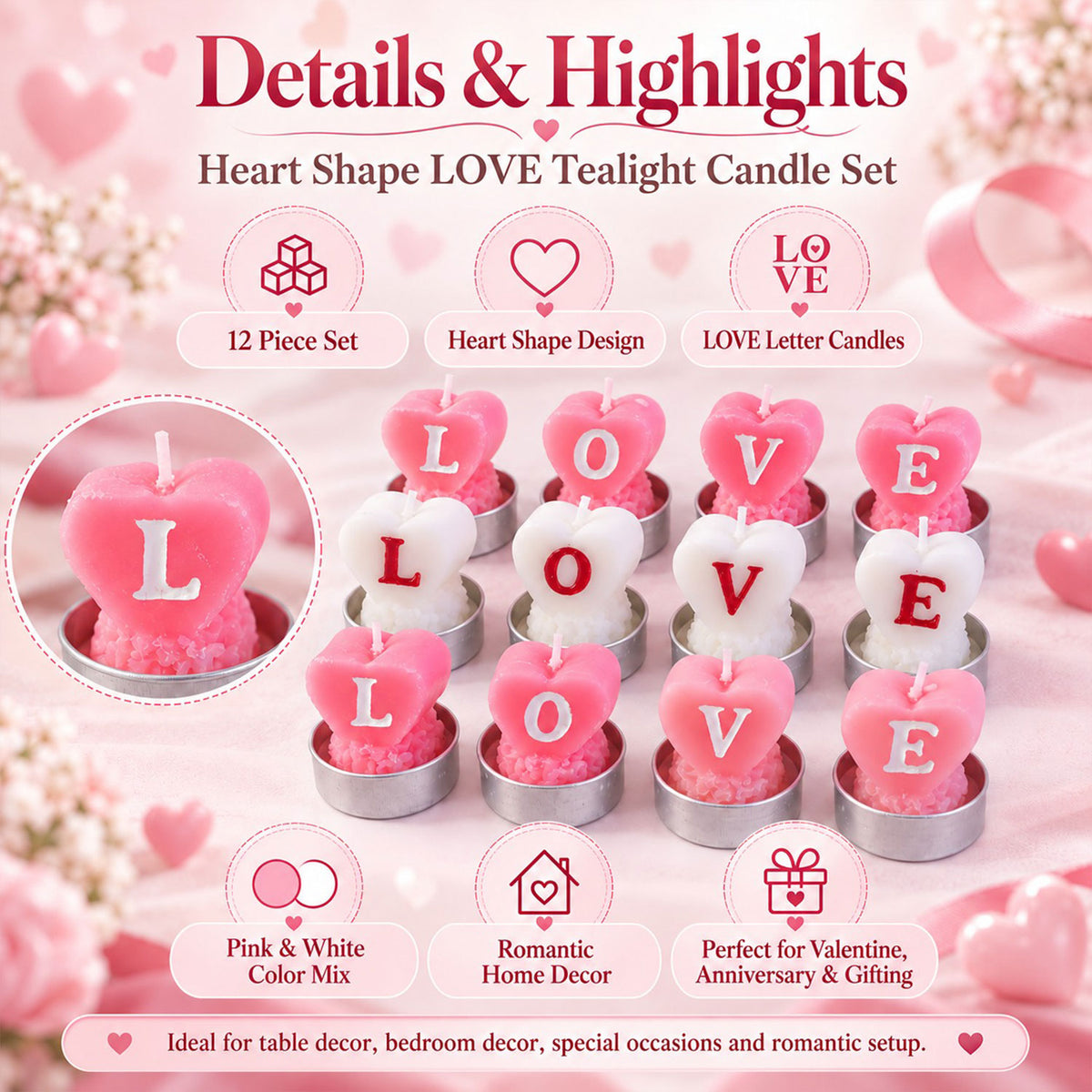 Heart shaped LOVE tealight candles - set features