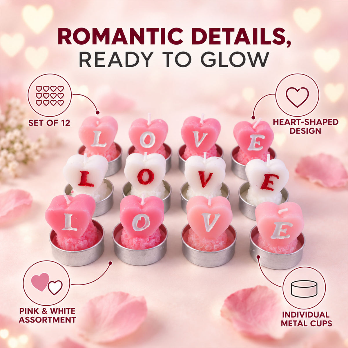Heart shaped LOVE tealight candles - complete candle set